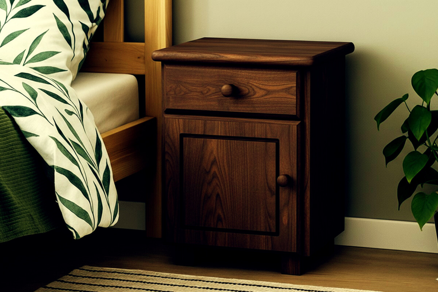 Nodax B4 wooden bedside unit with one drawer and cupboard, walnut wood finish