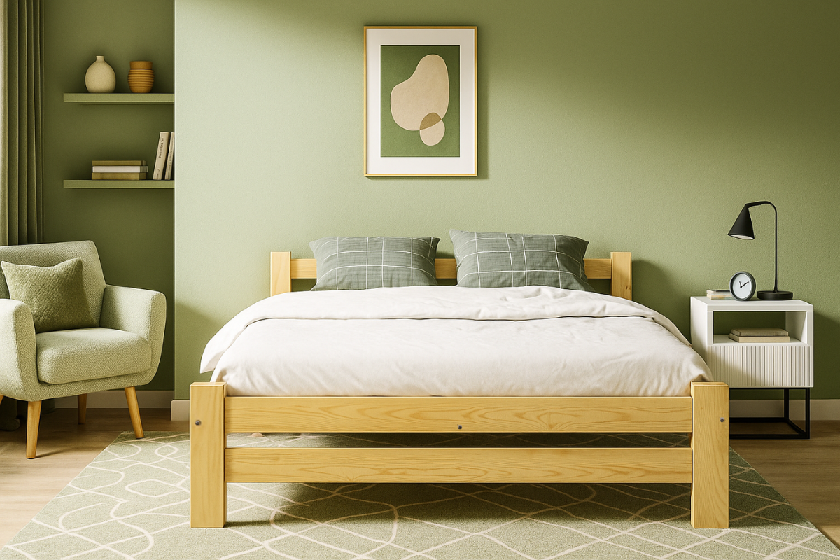 Nodax F14 Apus natural untreated pine wood bed frame, minimalist bed, eco-friendly, green and gold bedroom