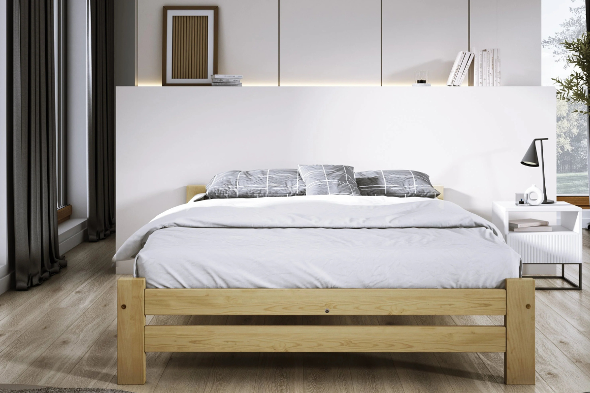 Nodax F14 Apus natural untreated pine wood bed frame, minimalist bed, eco-friendly, within white and grey bedroom