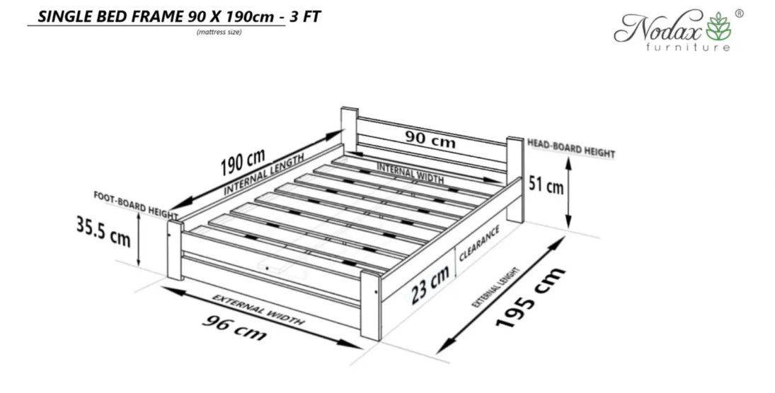 Nodax F14 Apus wooden bed frame - UK SINGLE size DIMENSIONS