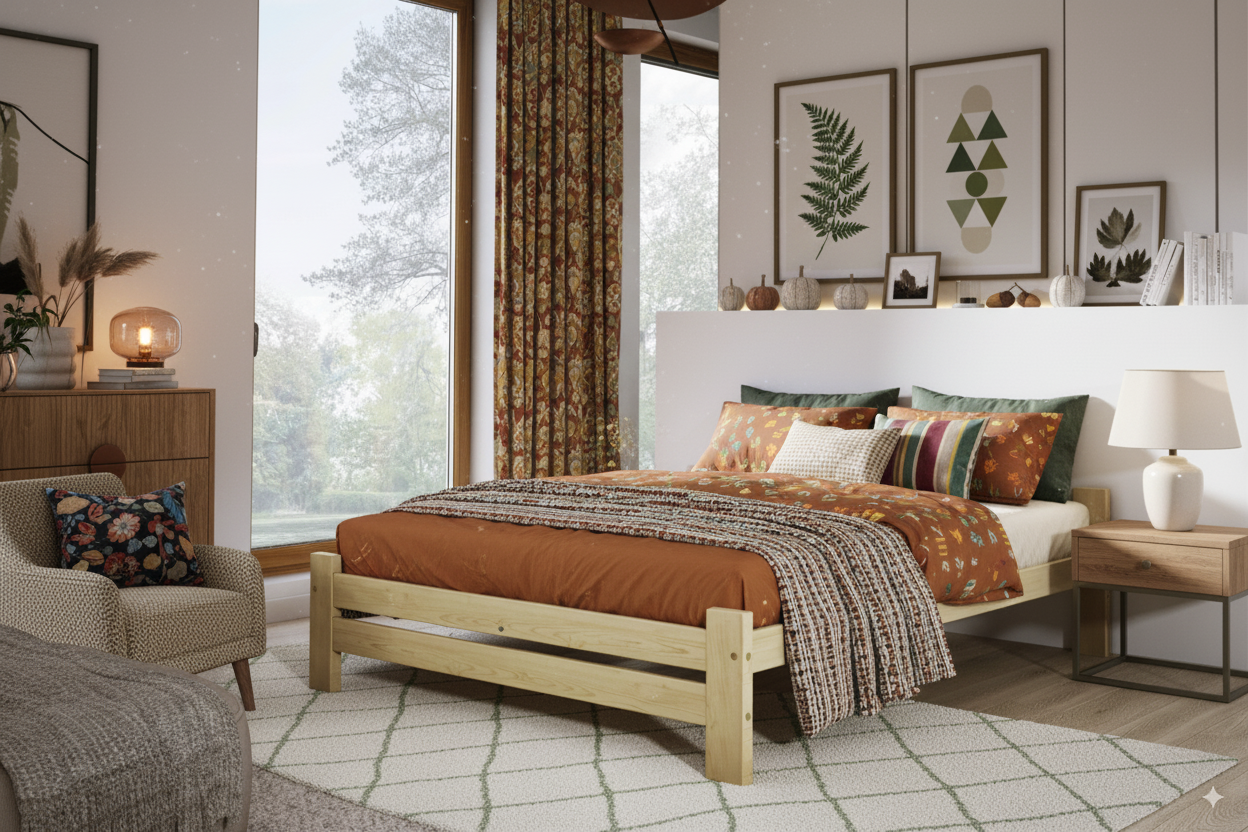 Nodax F14 wooden bed frame in natural, untreated pine, within autumn colours bedroom