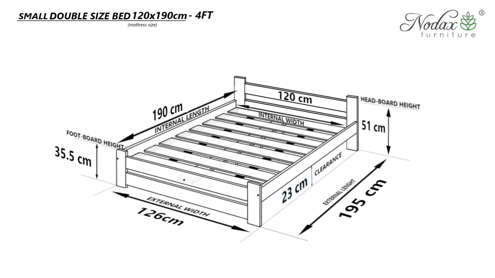 Nodax F14 Apus wooden bed frame, Small Double size dimensions