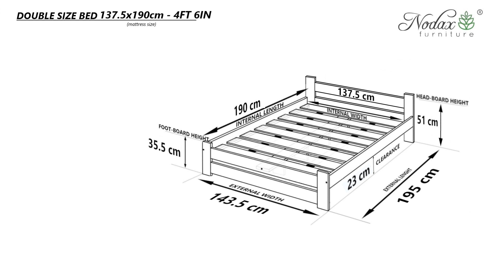 Nodax F14 Apus wooden bed frame, Double size dimensions
