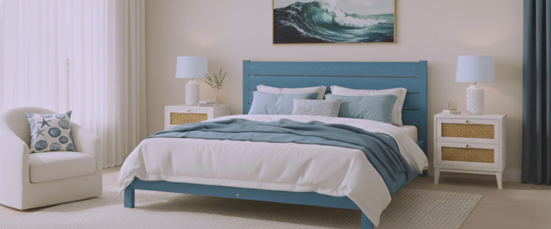 Nodax F15 Shibui wooden bed frame in Denim Eco-Colour breathable woodstain, in ocean themed bedroom
