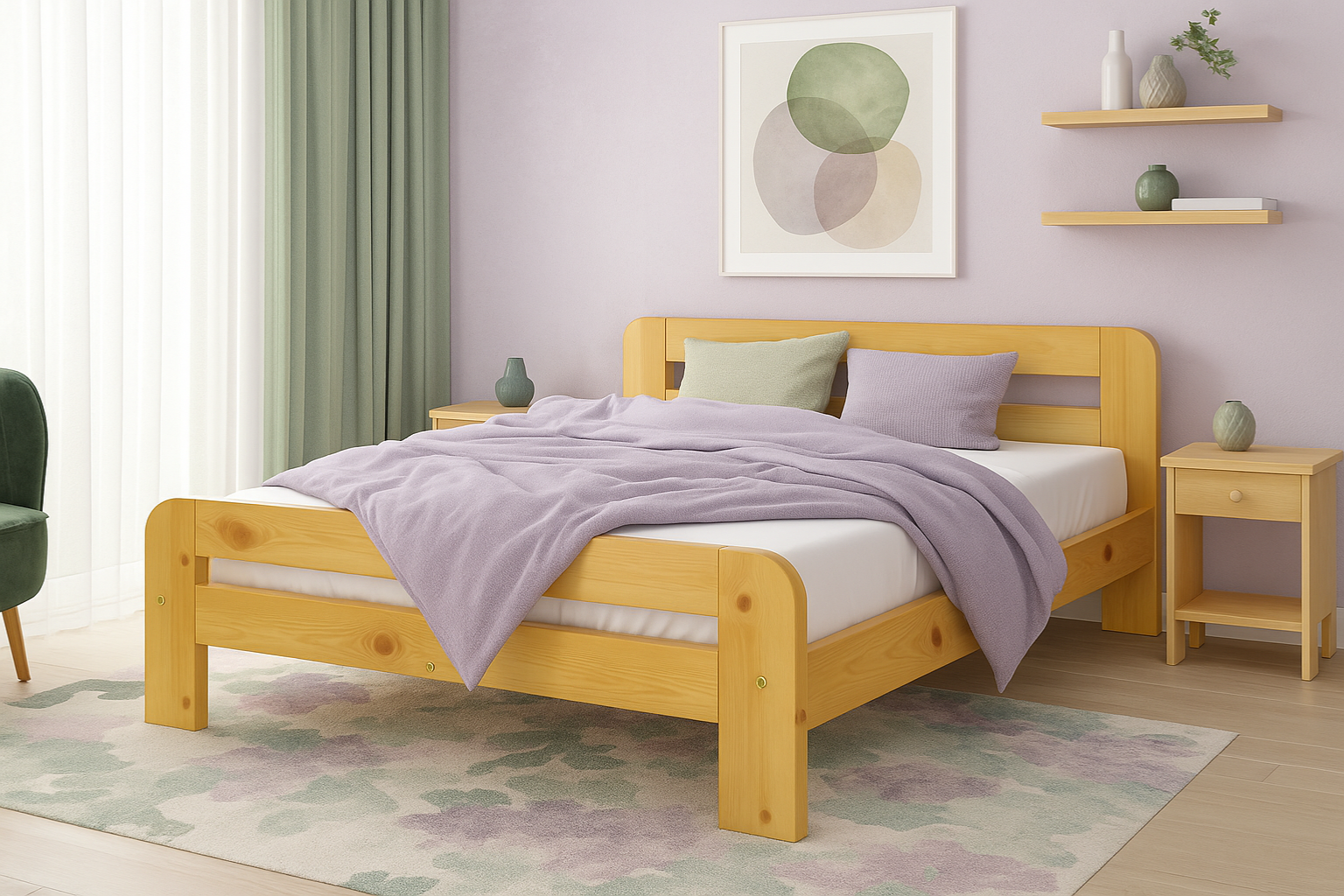 Nodax F2 Nordic Sky wooden bed frame, alder wood finish, green and lavender bedroom