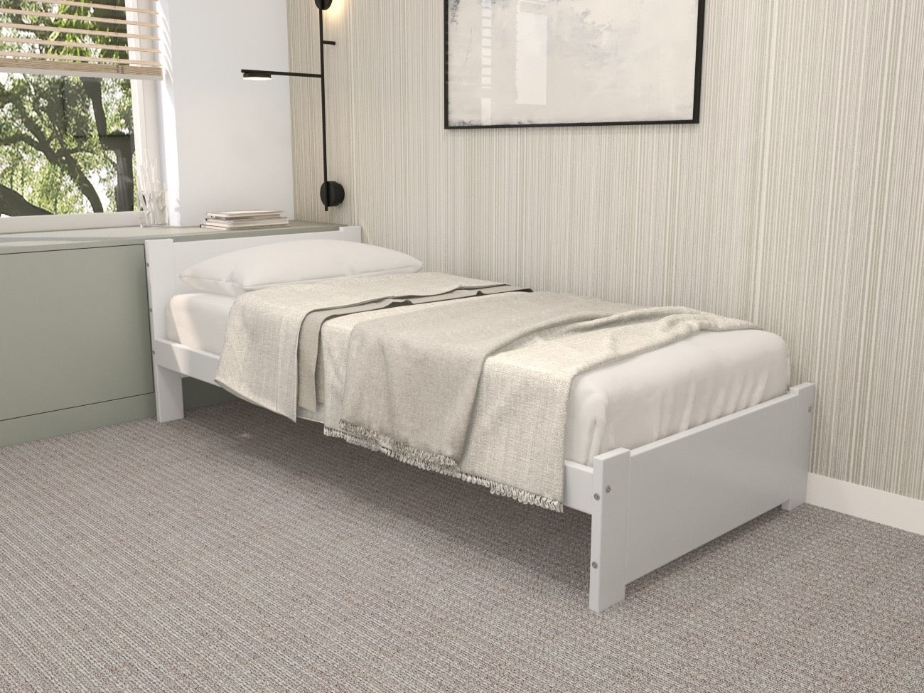 Nodax F6 wooden bed frame with white laminate panels for headboard and footboard, single bed