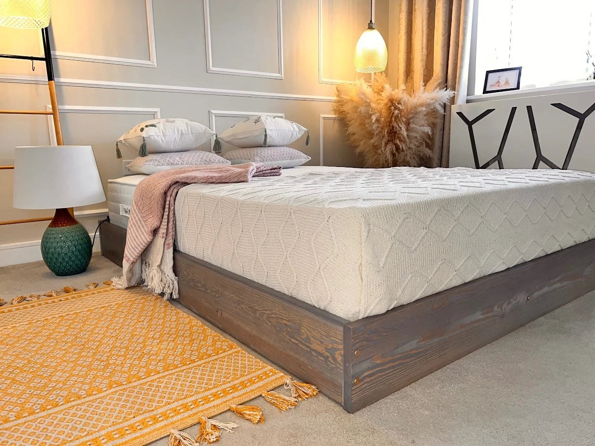 Nodax F9 Zen low profile Japanese inspired box bed frame in grey washed woodstain finish