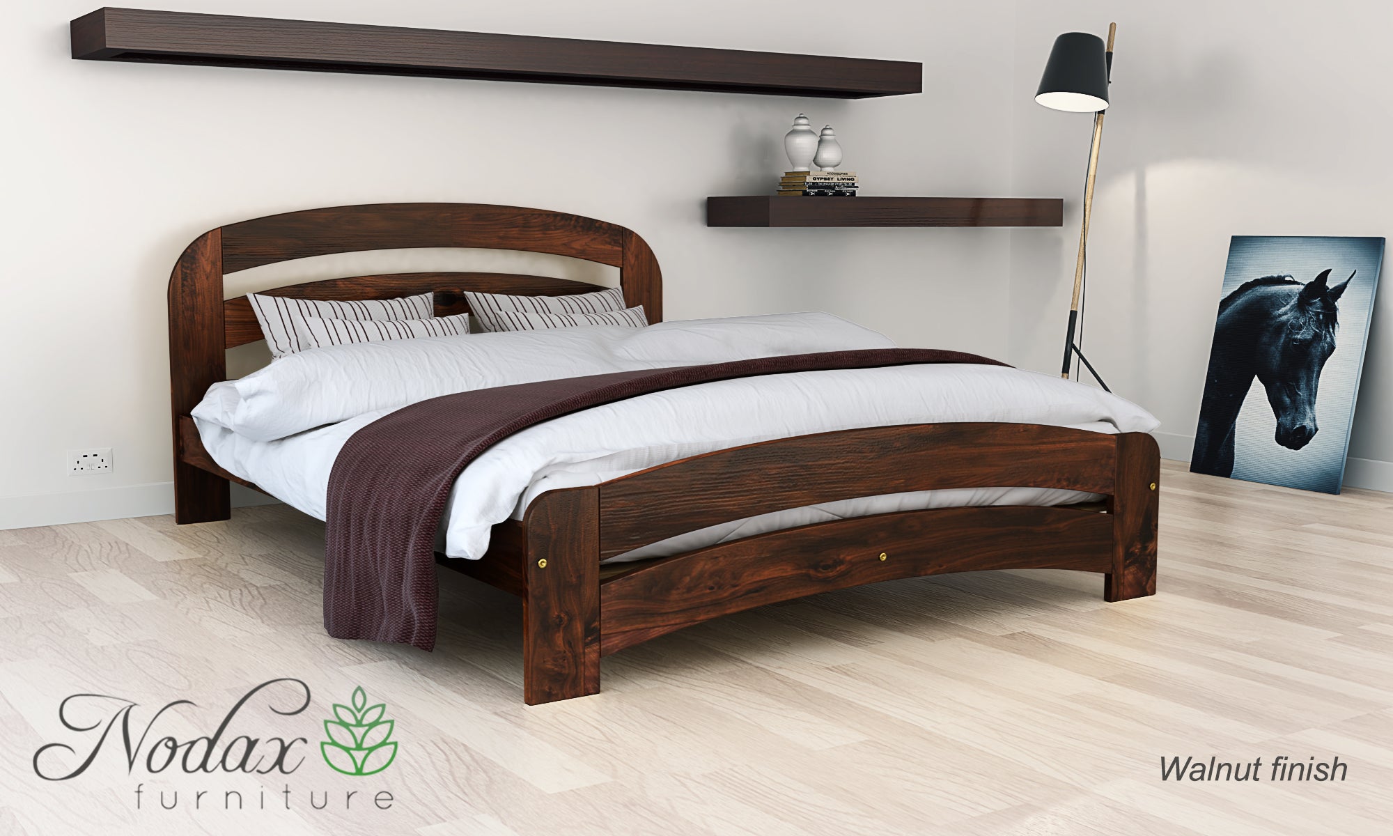 Nodax wooden bed frame, F10 Dala with rounded headboard and footboard, walnut finish