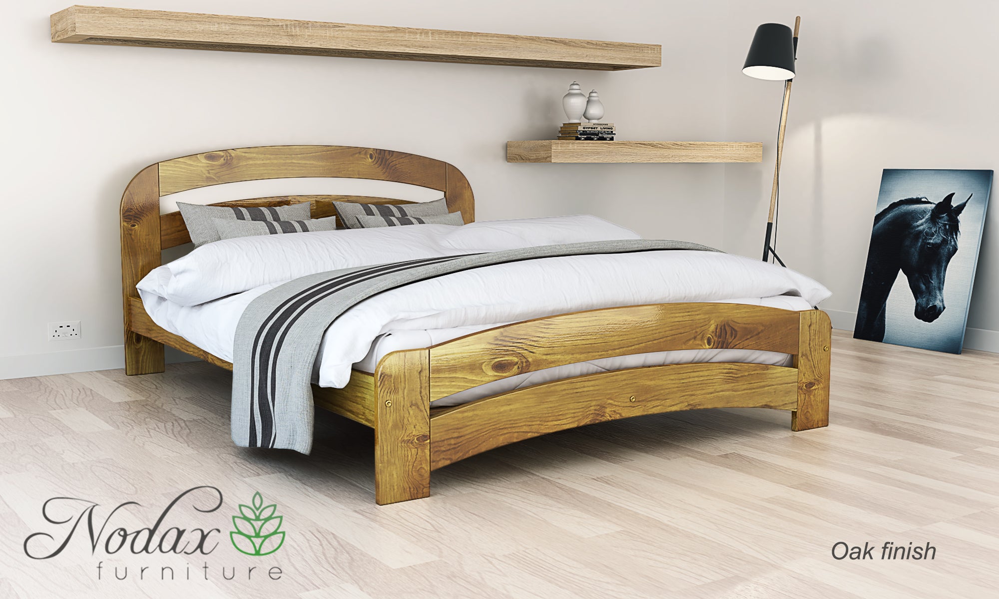 Nodax wooden bed frame, F10 Dala with rounded headboard and footboard, oak finish