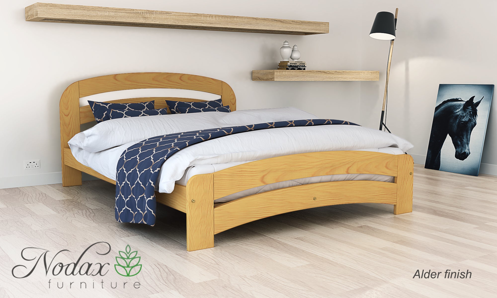 Nodax wooden bed frame, F10 Dala with rounded headboard and footboard, alder finish