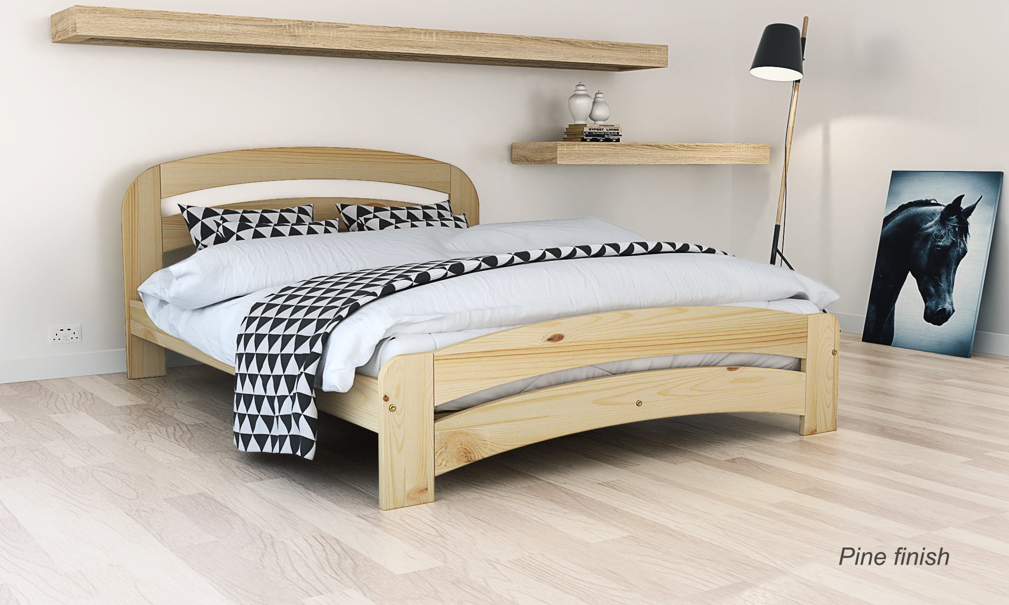 Nodax wooden bed frame, F10 Dala with rounded headboard and footboard, pine finish