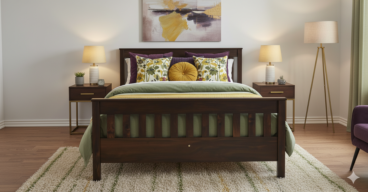 Nodax F16 Hercules wooden bed frame in Walnut finish, traditional bed, slatted headboard and footboard