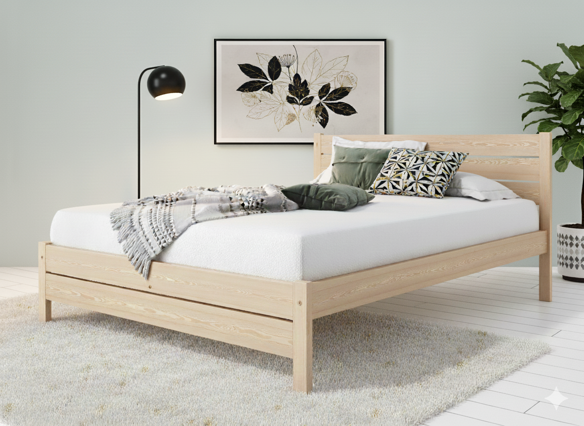 Nodax F3 natural untreated bed frame, raw wooden bredframe, breathable for allergens, natural pine grain, healthy indoor air quality, sustainable, eco friendly bed 