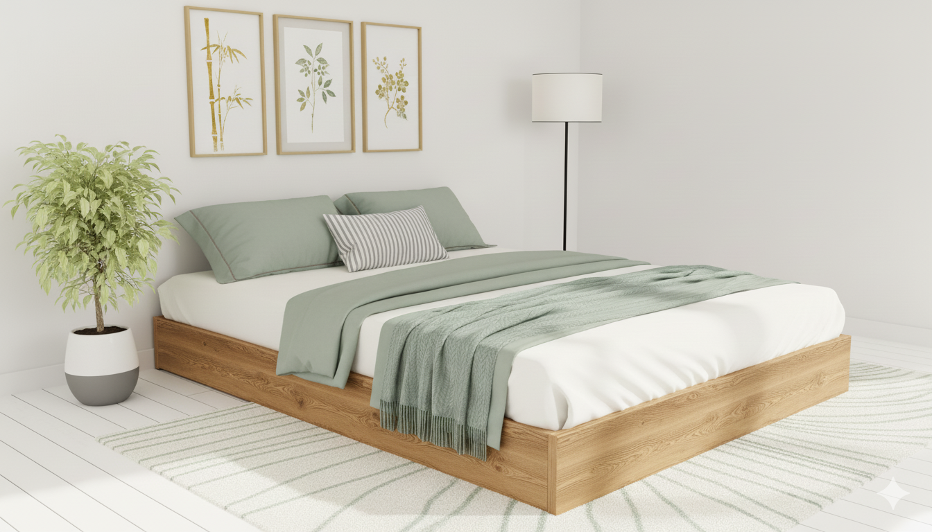Nodax F9 Zen wooden platform bed frame, Japanese-inspired, Oak finish