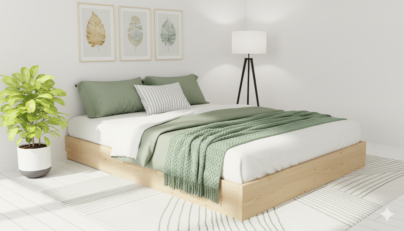 Nodax F9 Zen wooden platform bed frame, Japanese-inspired, Pine finish