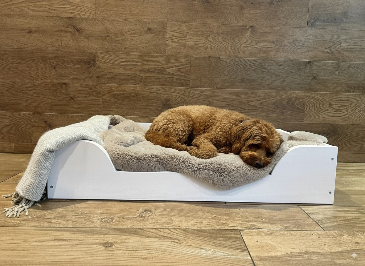 Nodax wooden pet dog bed with slats and waterproof mattress in white finish, medium bed