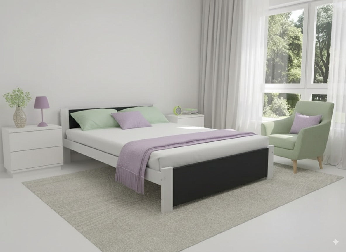 Nodax F6 bed frame in white pine wood with laminate headboard & footboard in graphite finish