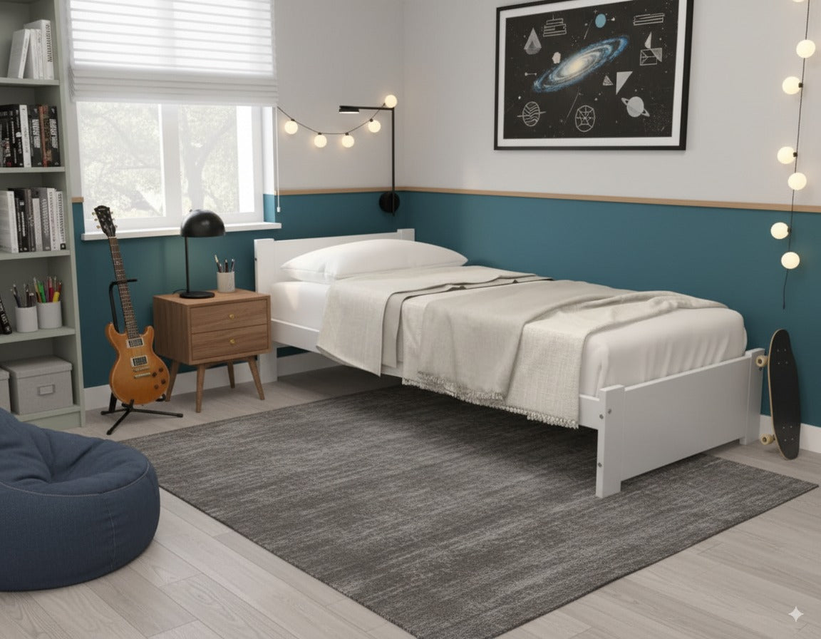 Nodax F6 bed frame in white pine wood with laminate headboard & footboard in white finish, UK single size