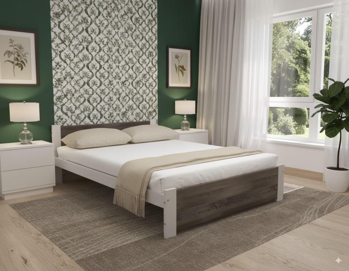Nodax F6 bed frame in white pine wood with laminate headboard & footboard in Sonoma Oak finish