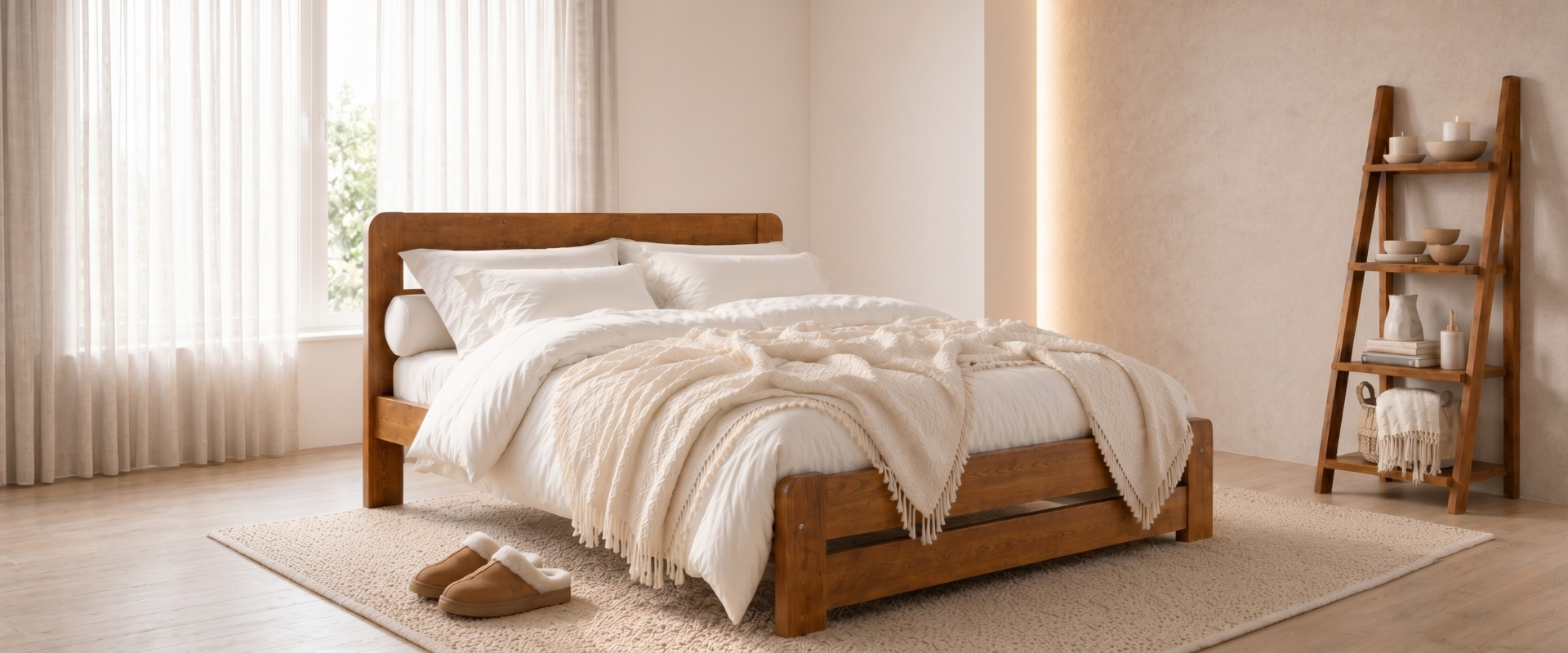 Nodax F1 Aurora solid wooden bed frame in Oak finish, with white and cream layered bedding, in minimalist bedroom with soft window light