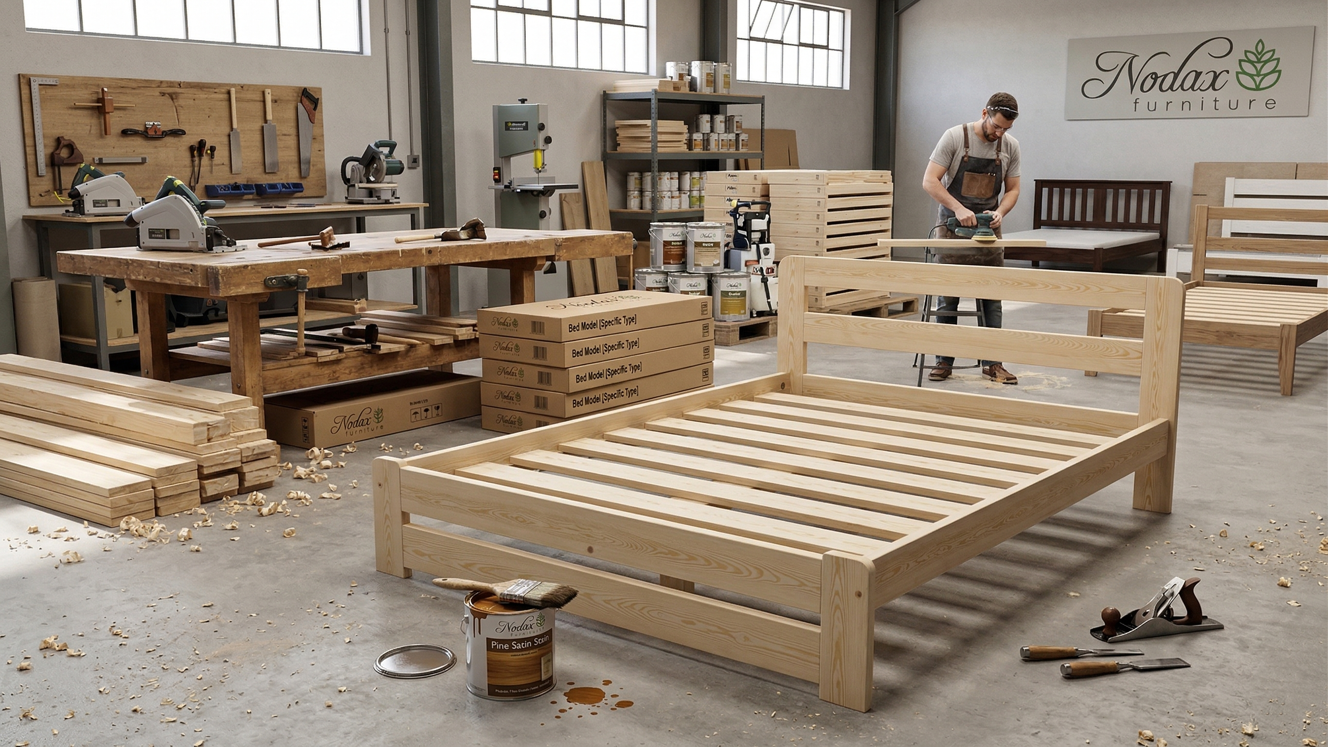 Nodax furniture workshop and warehouse, worker customising F1 Aurora wooden bed frame
