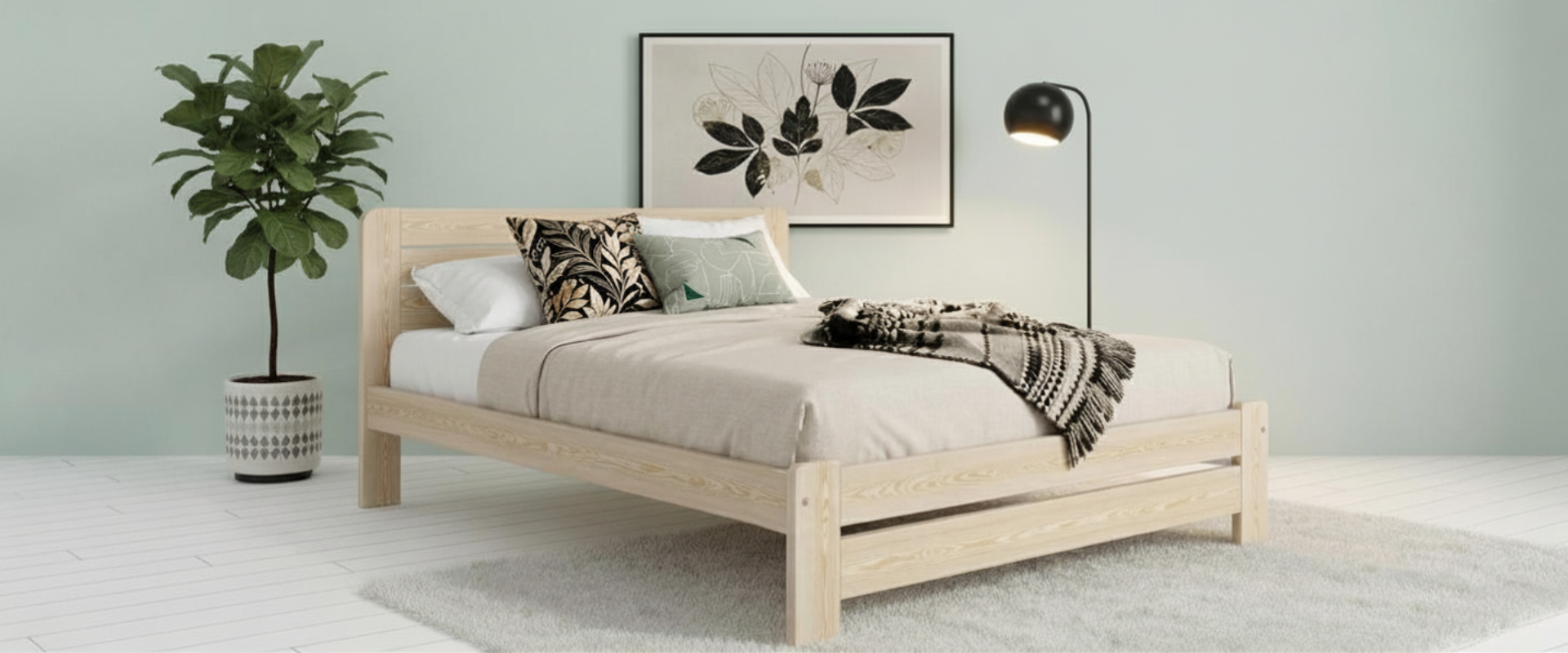 Nodax F1 Aurora wooden bed frame in untreated pine, in white, black, green and grey modern bedroom