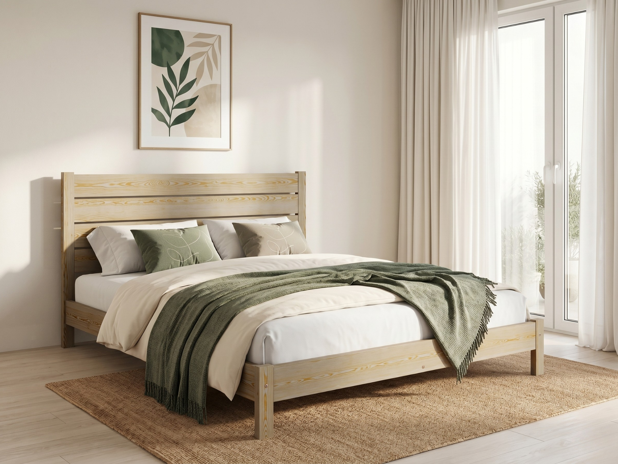 Nodax F15 Shibui solid wooden bed frame in Pine colour finish, within minimalist, natural palette bedroom with white, cream, beige and grey green decor