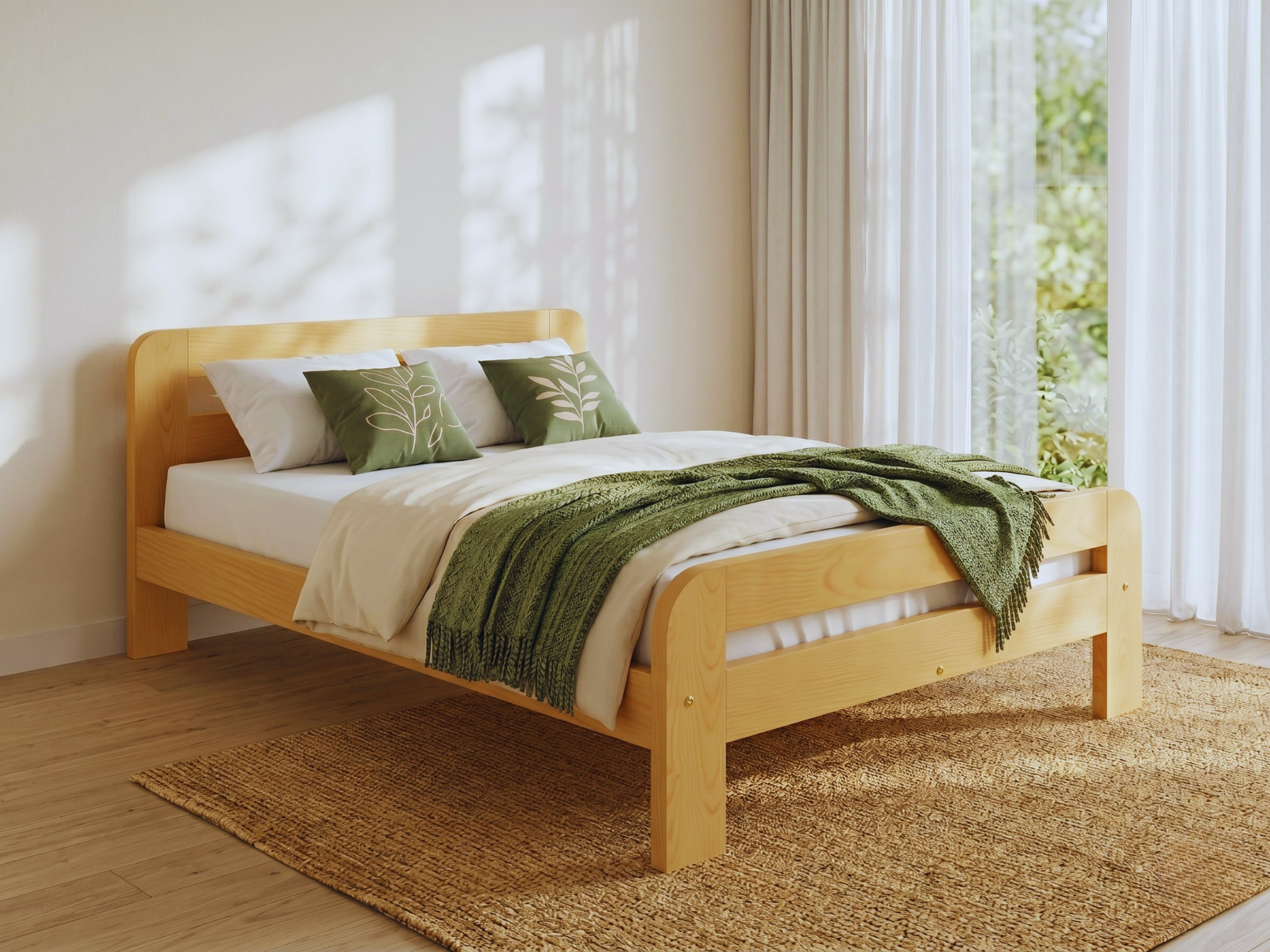 Nodax F2 Nordic Sky solid wooden bed frame in Alder colour finish, within minimalist bedroom with white, cream  and grey green decor