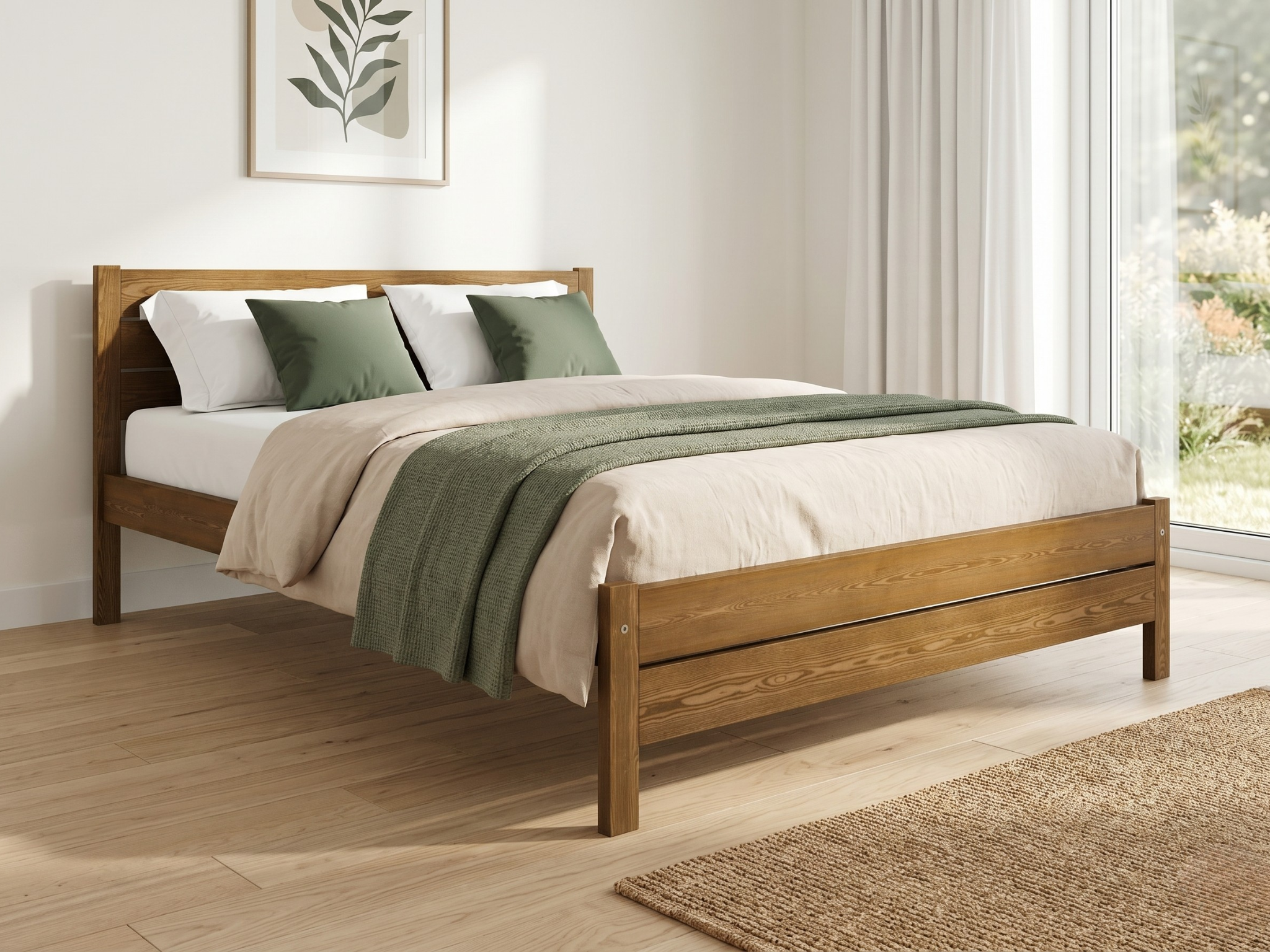 Nodax F3 Alva solid wooden bed frame in Oak colour finish, within minimalist, natural palette bedroom with white, cream, beige and grey green decor