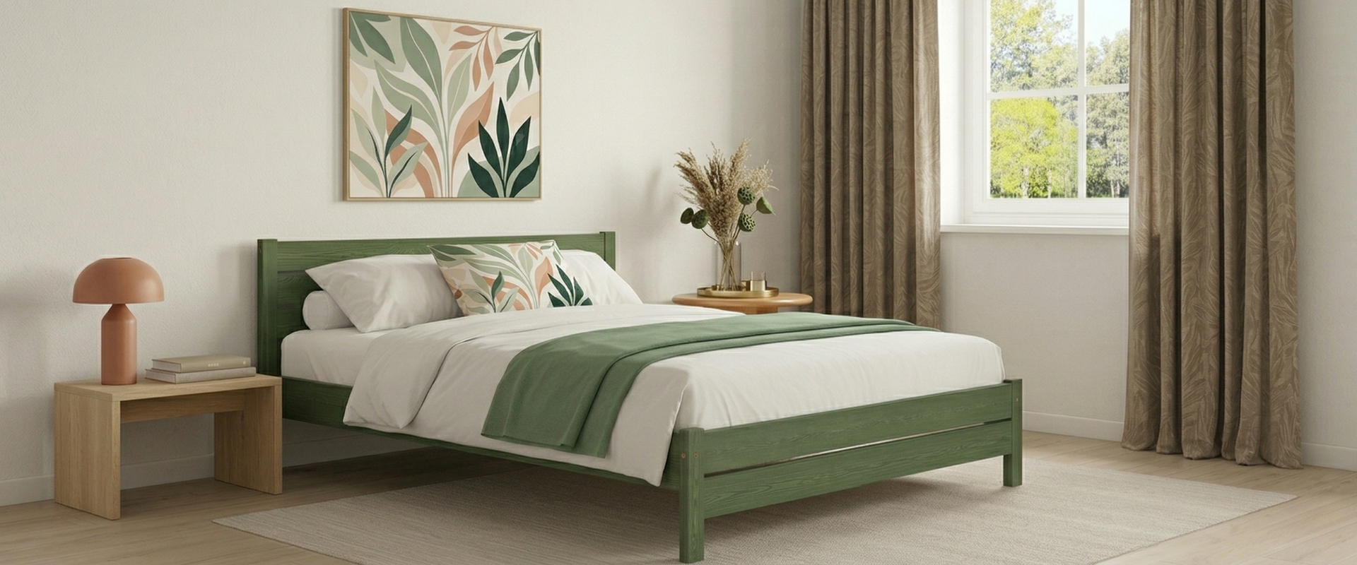 Nodax F3 Alva wooden bed frame finished in Midnight Green eco-colour woodstain, in cream, green and brown modern bedroom