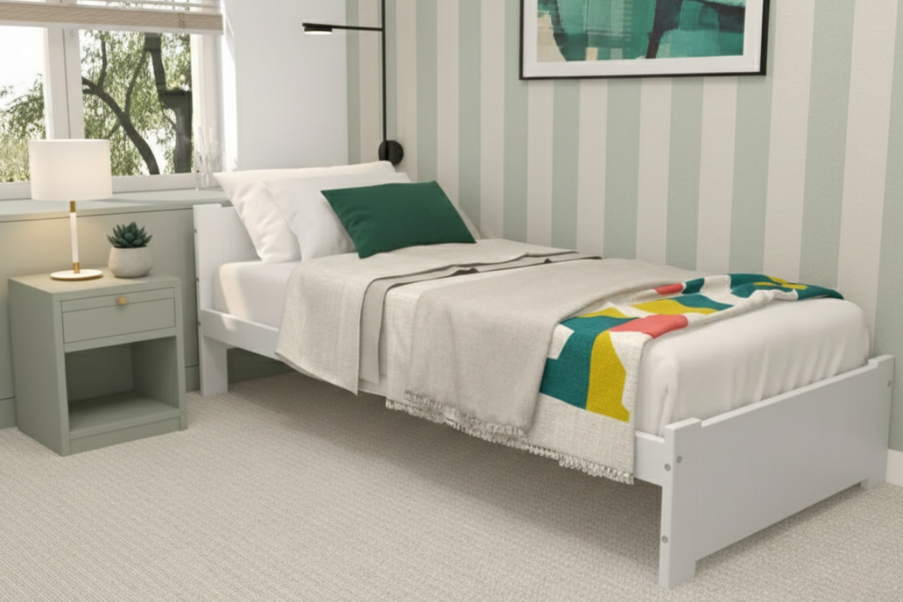 Nodax F6 bed frame in white pine wood with laminate headboard & footboard in white finish, single bed