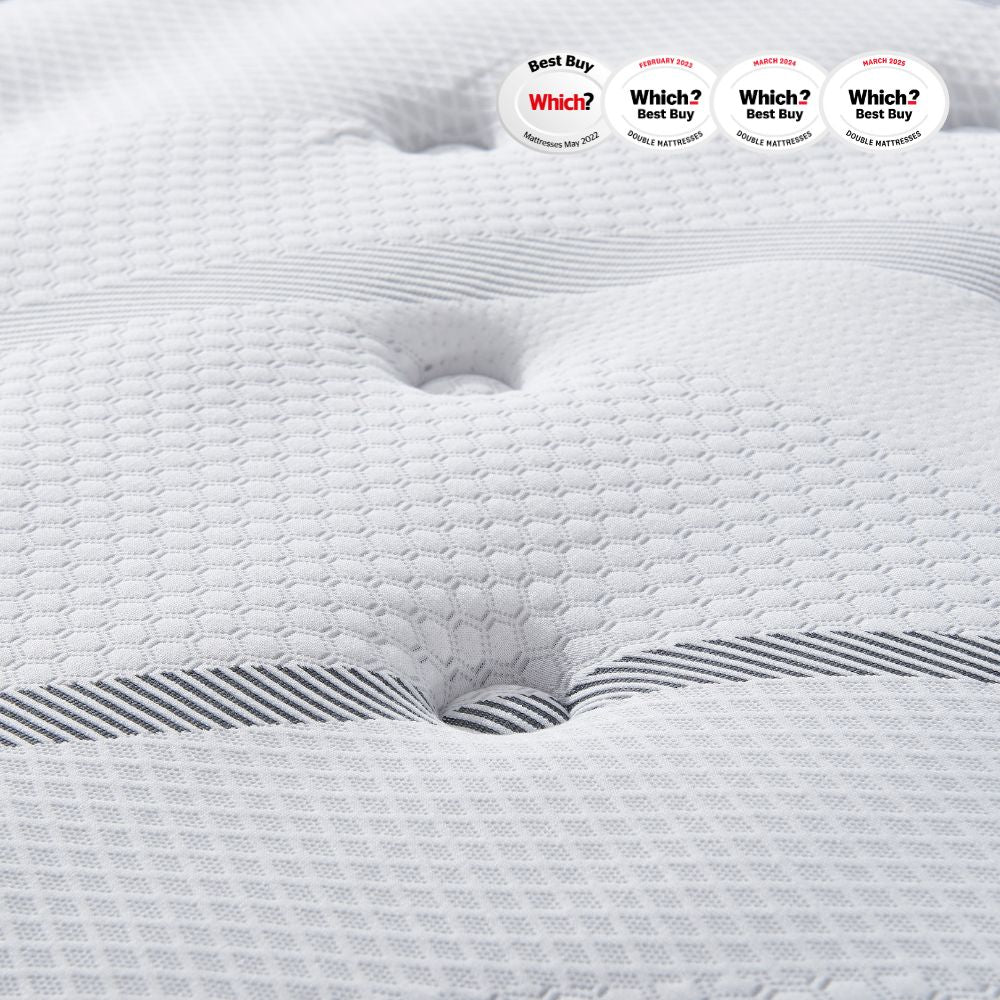 Close up of texture of SleepSoul Heaven 1000 pocket spring coolgel mattress and Which? Best Buy logos
