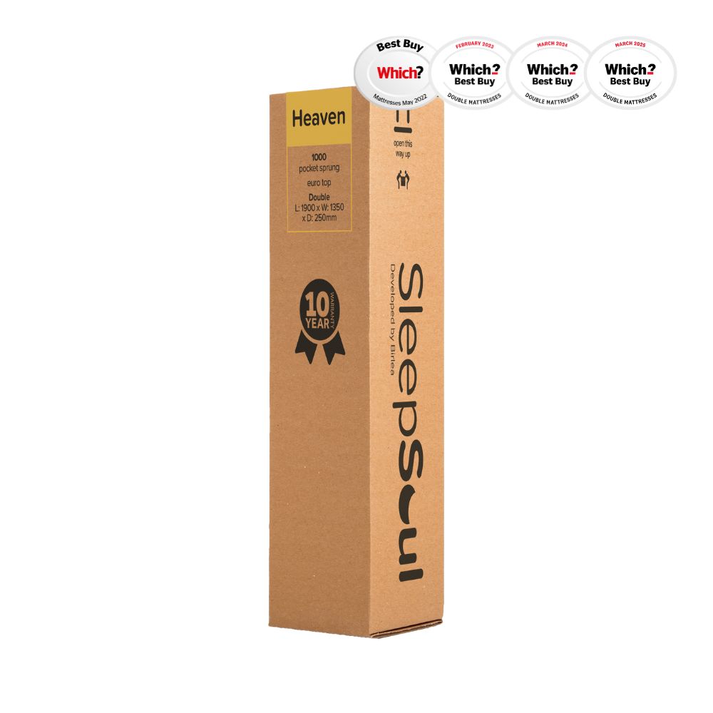 Box for rolled up SleepSoul Heaven 1000 pocket spring coolgel mattress and Which? Best Buy logos
