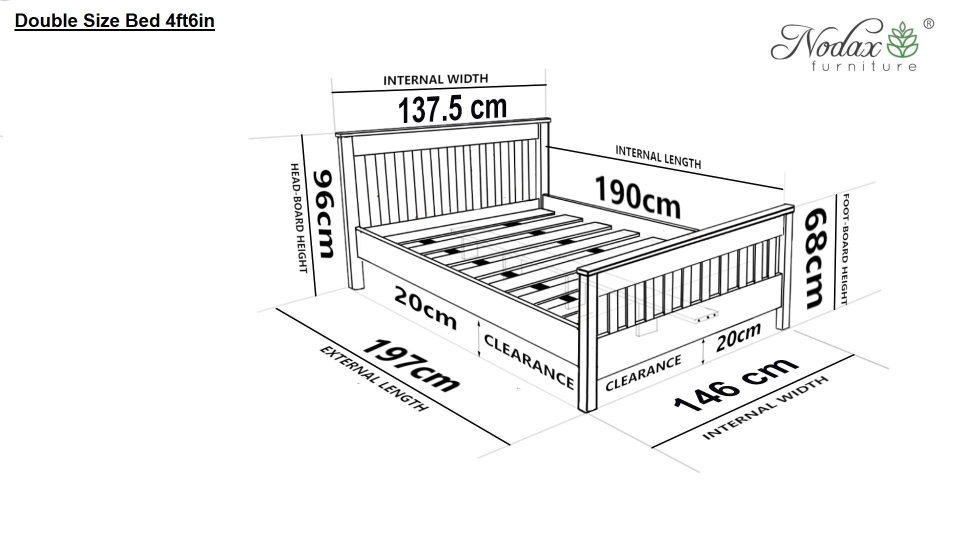 Nodax F16 Hercules wooden bed frame, double size bed, bed dimensions