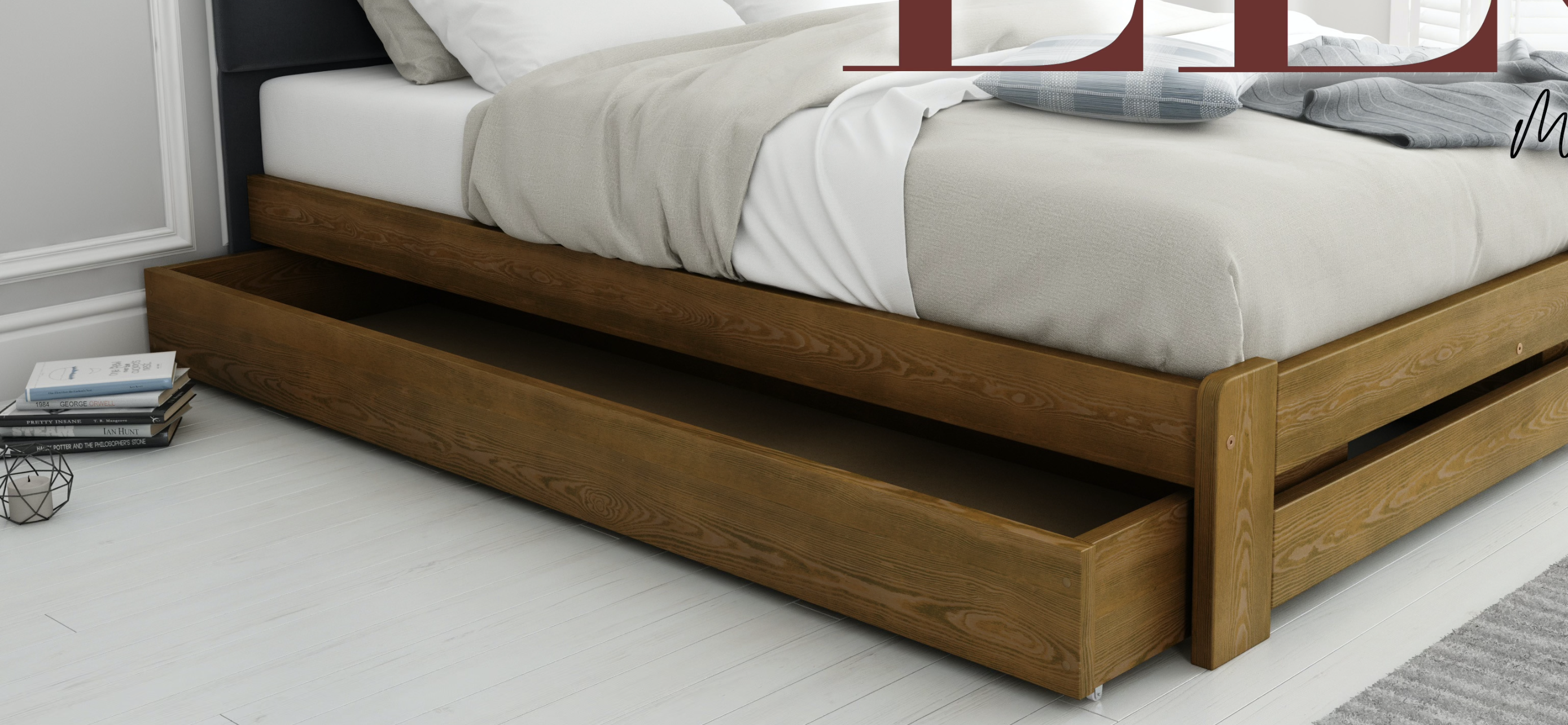 Nodax wooden underbed storage drawer 198cm on wheels with straight sides for enclosed storage, underneath Nodax F1 wooden bed frame in oak finish