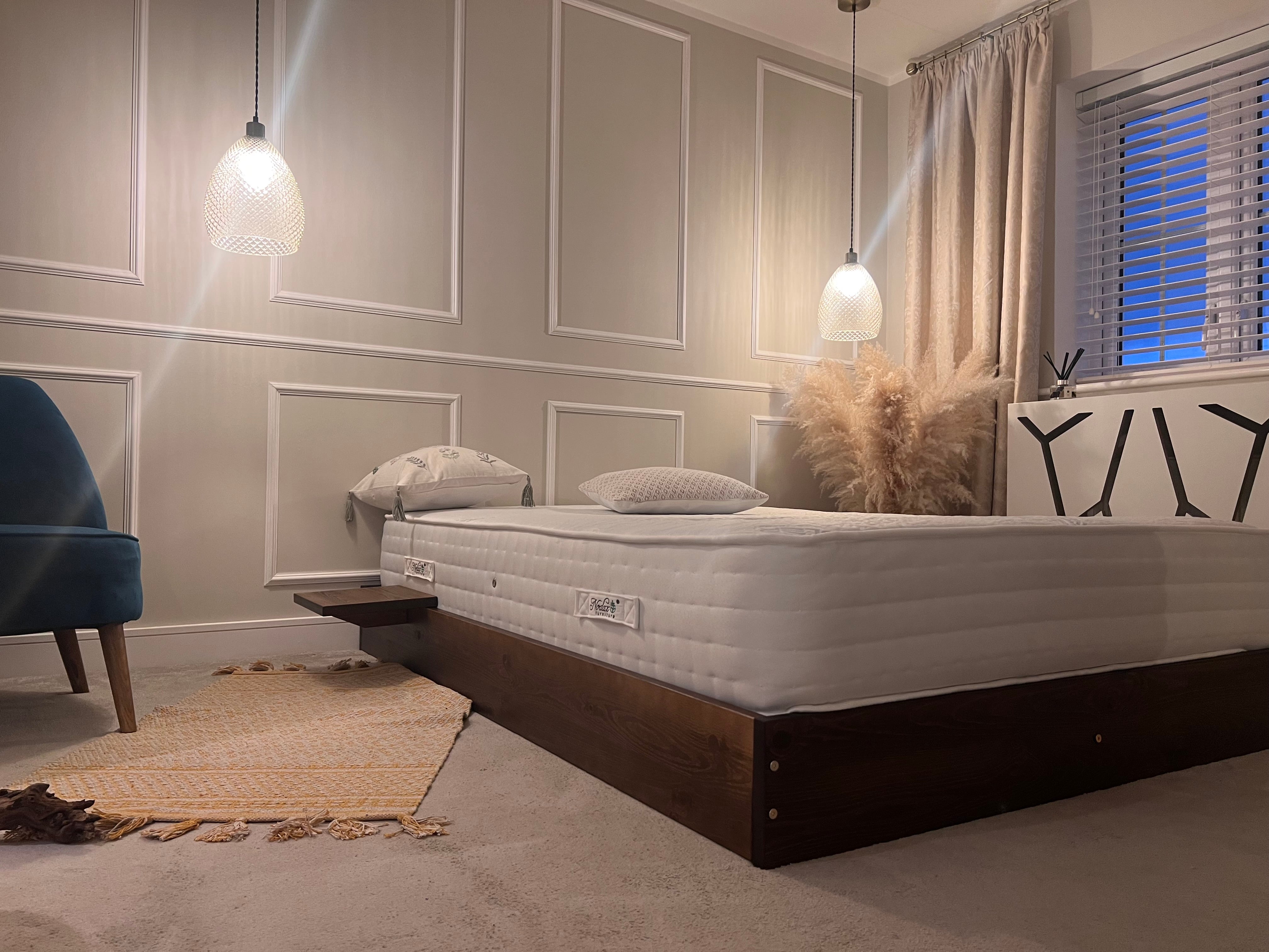 Nodax wooden clip-on bed slide shelf, modern nightstand, walnut finish, full viewpoint, low bed with side shelf bedroom idea