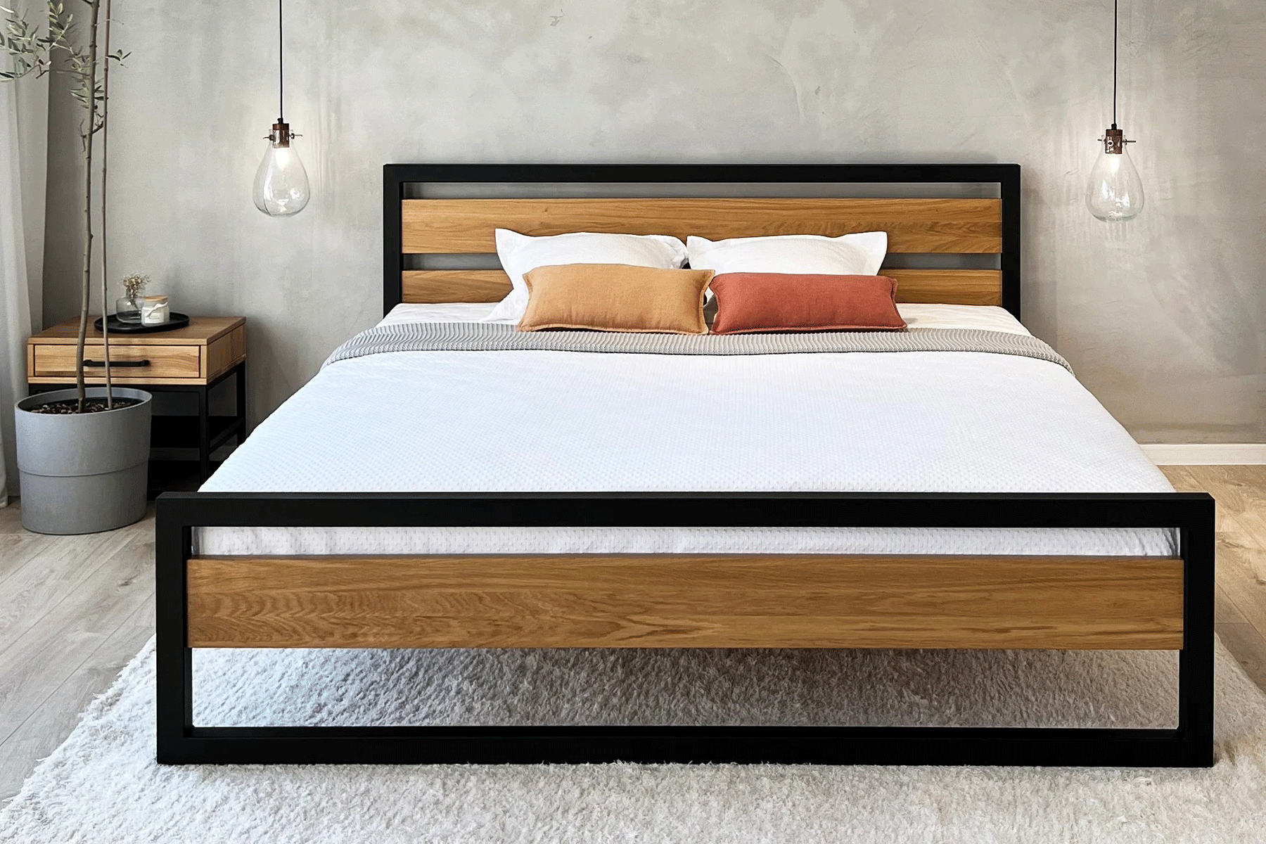 Industrial Steel And Solid Oak Bed Frame - Fortitude Oak & Steel Collection