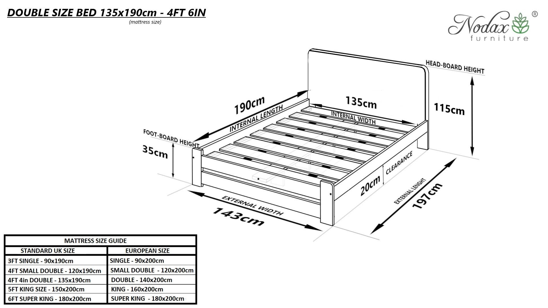Nodax F13 Leo wooden bed frame, double size, dimensions