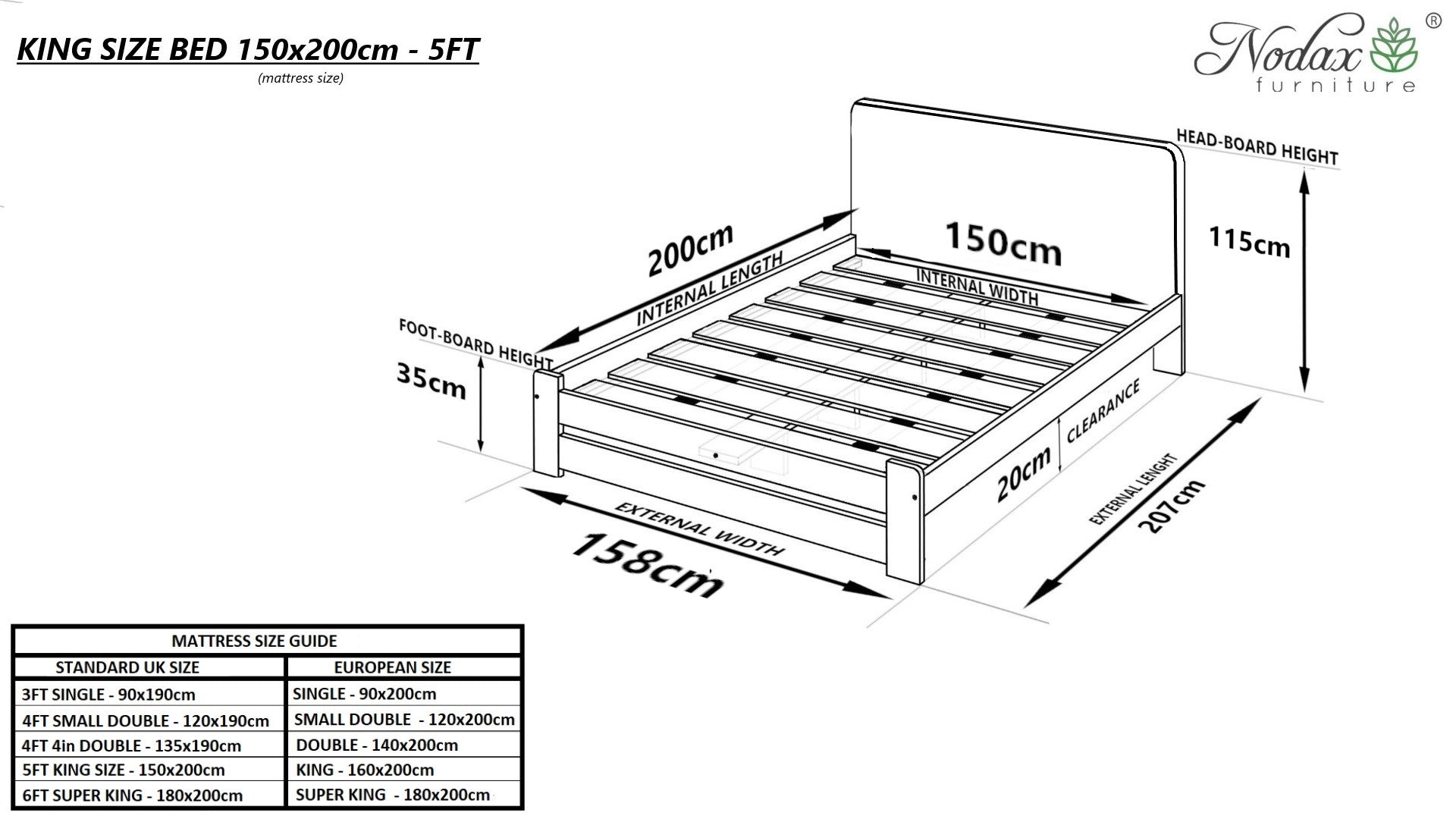 Nodax F13 Leo wooden bed frame, king size bed, dimensions