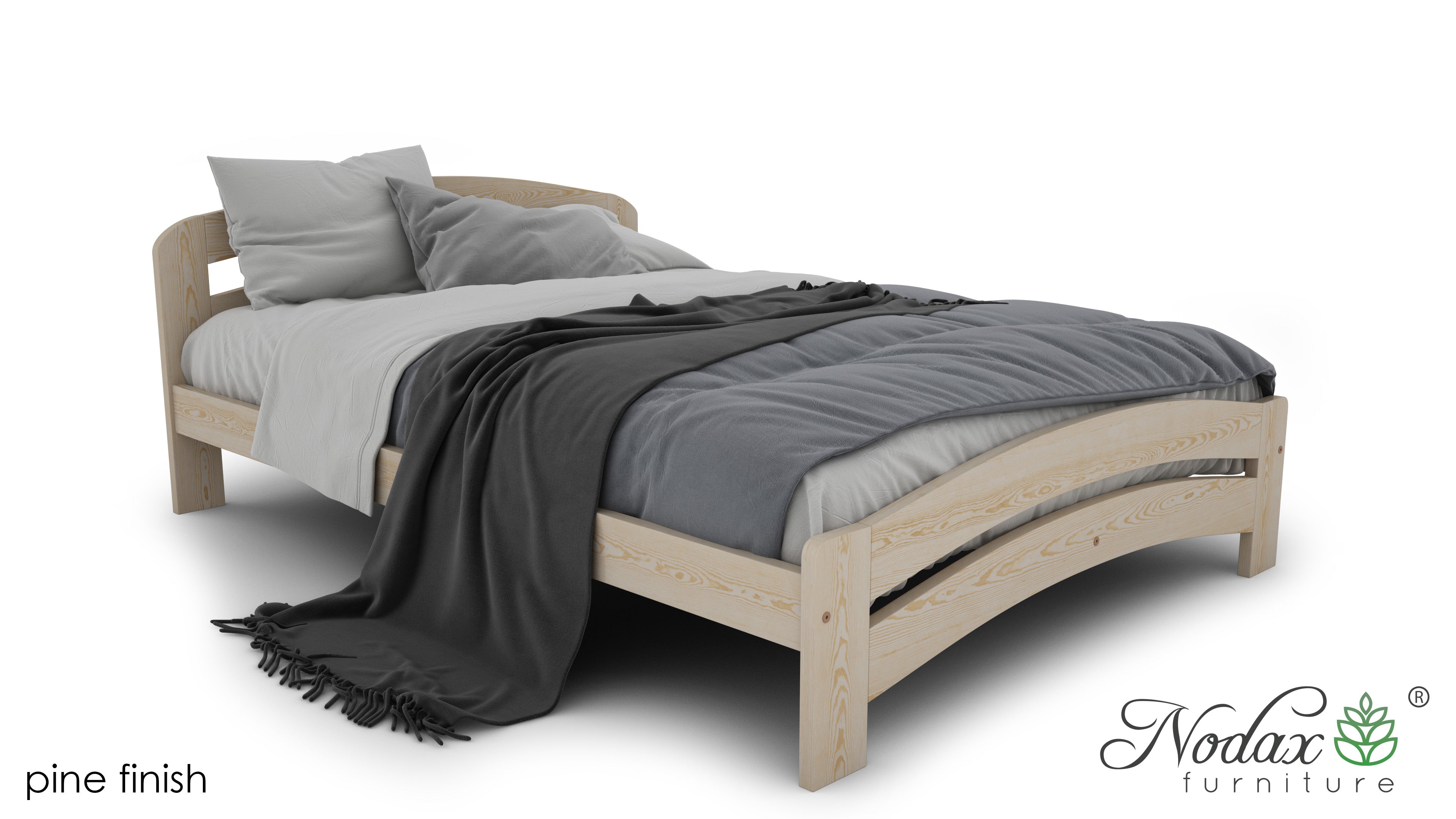 Nodax wooden bedframes, F10 Dala, pine finish, rounded headboard and footboard