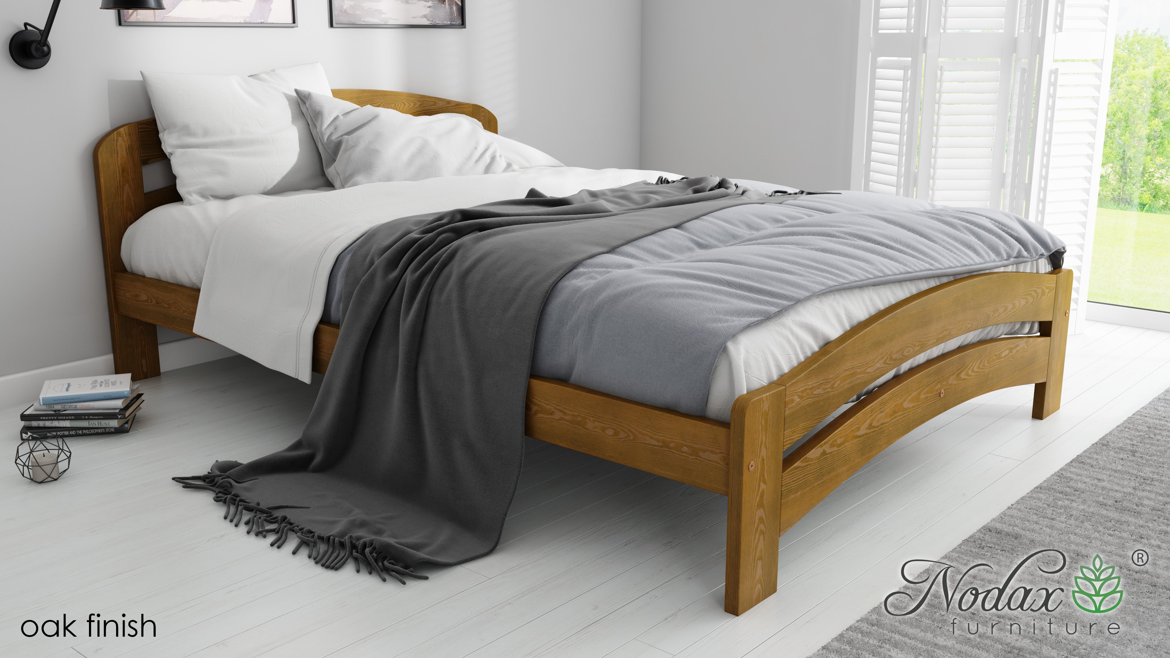 Nodax wooden bedframes, F10 Dala, oak finish, rounded headboard, European EU size beds, longer beds for taller people