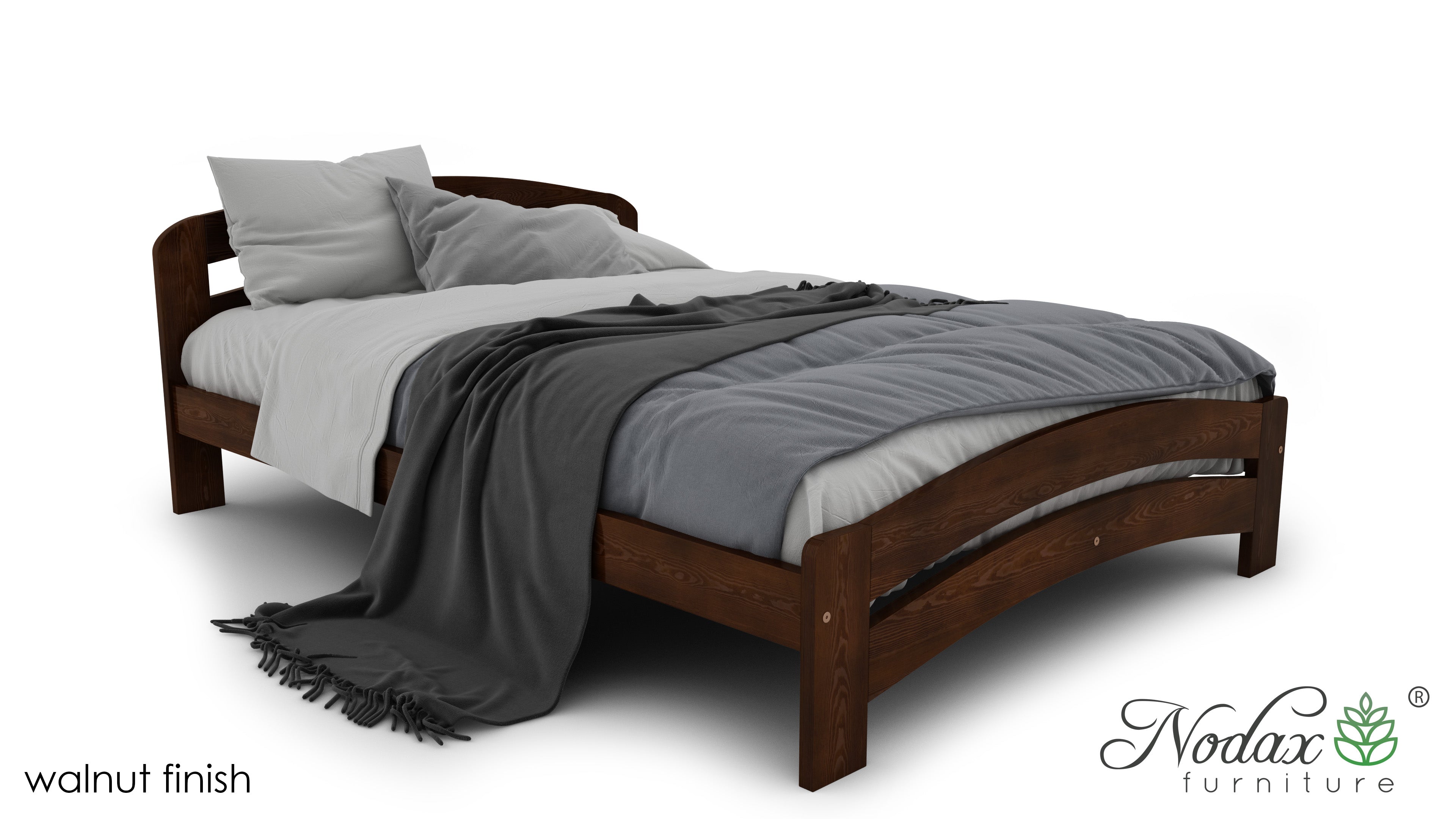 Nodax wooden bedframes, F10 Dala, walnut finish, rounded headboard and footboard