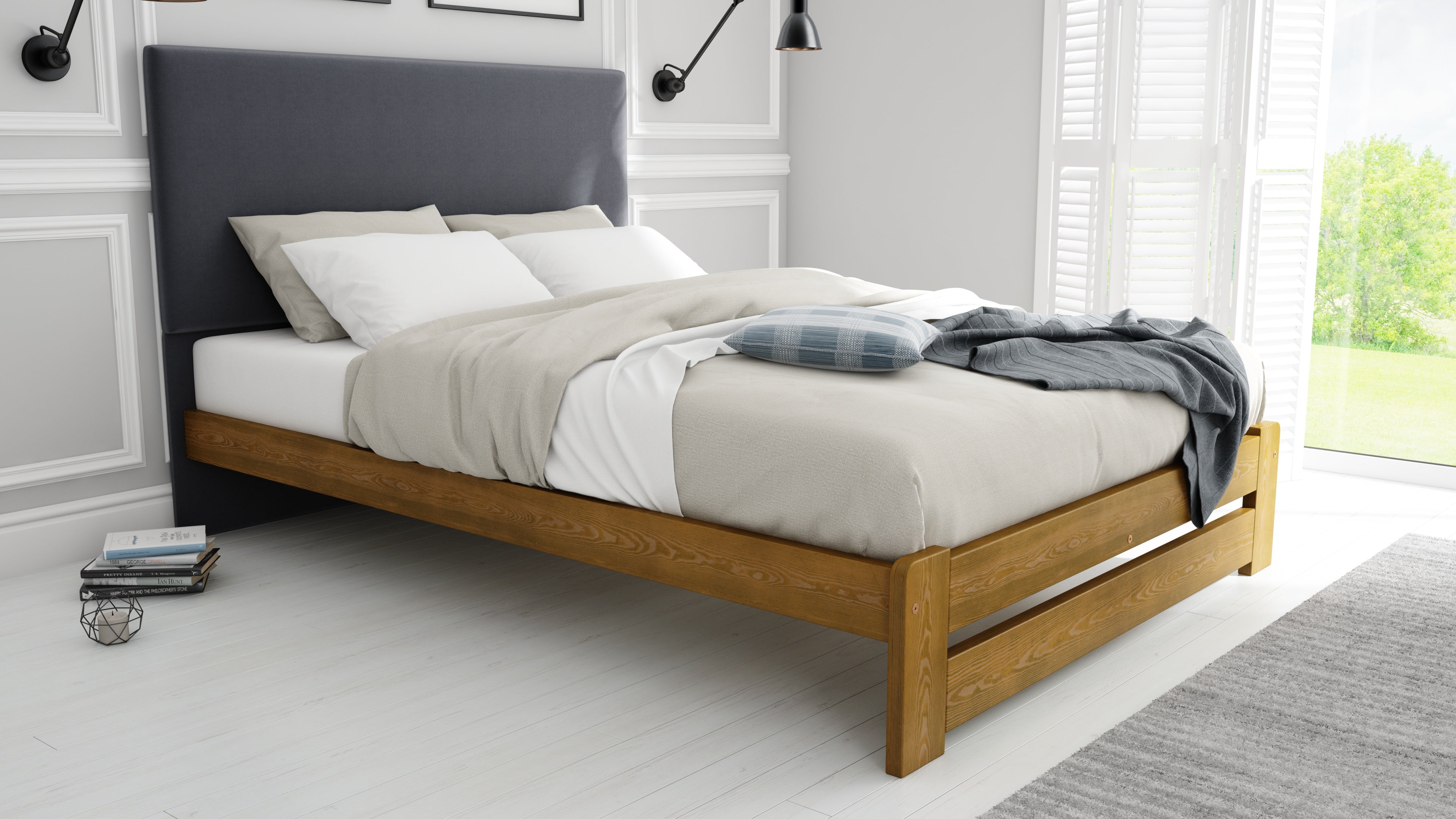 Nodax F13 Leo durable wooden bed frame with dark grey fabric headboard, oak finish, 