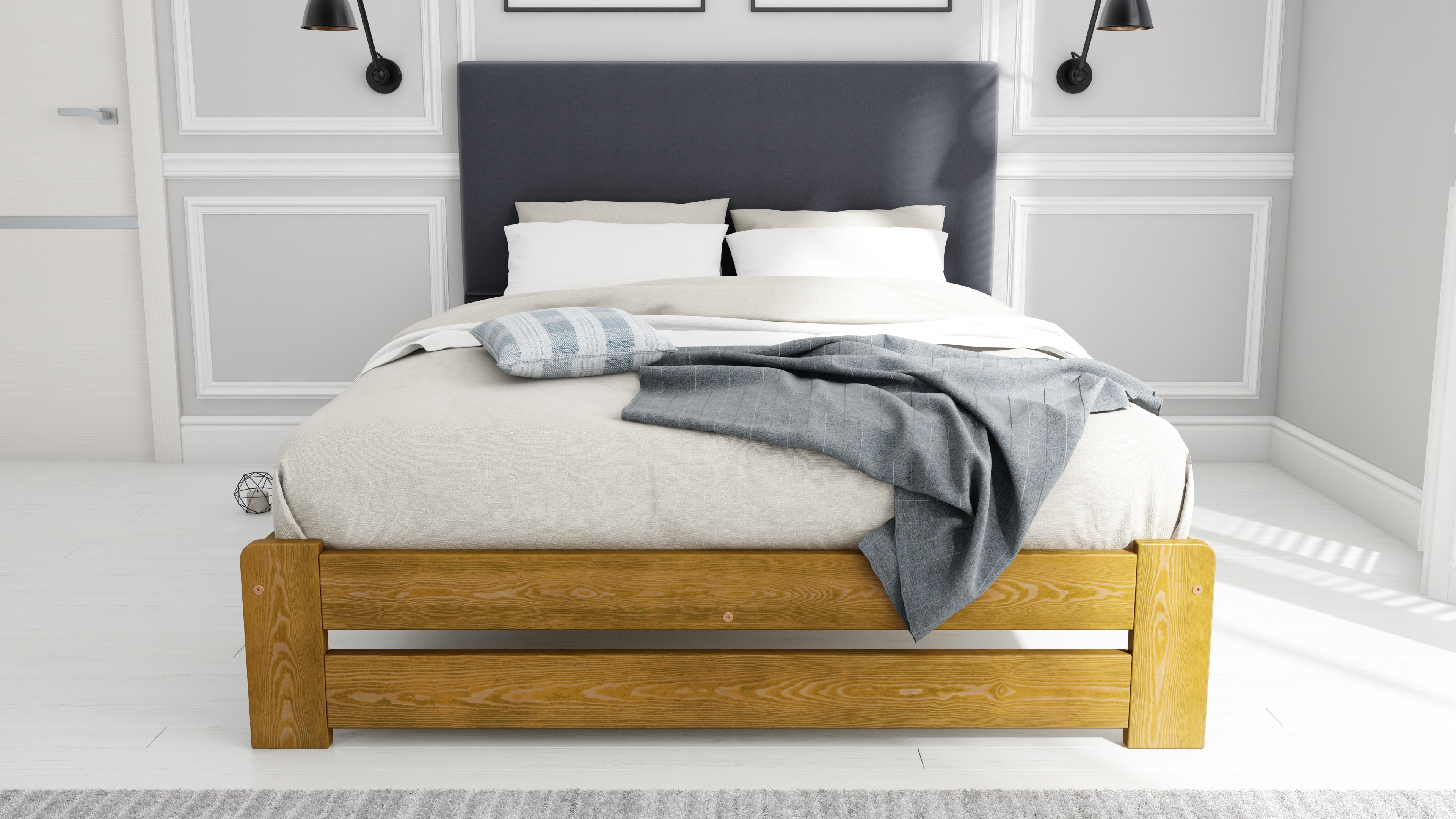Nodax F13 Leo durable wooden bed frame with dark grey fabric headboard, oak finish