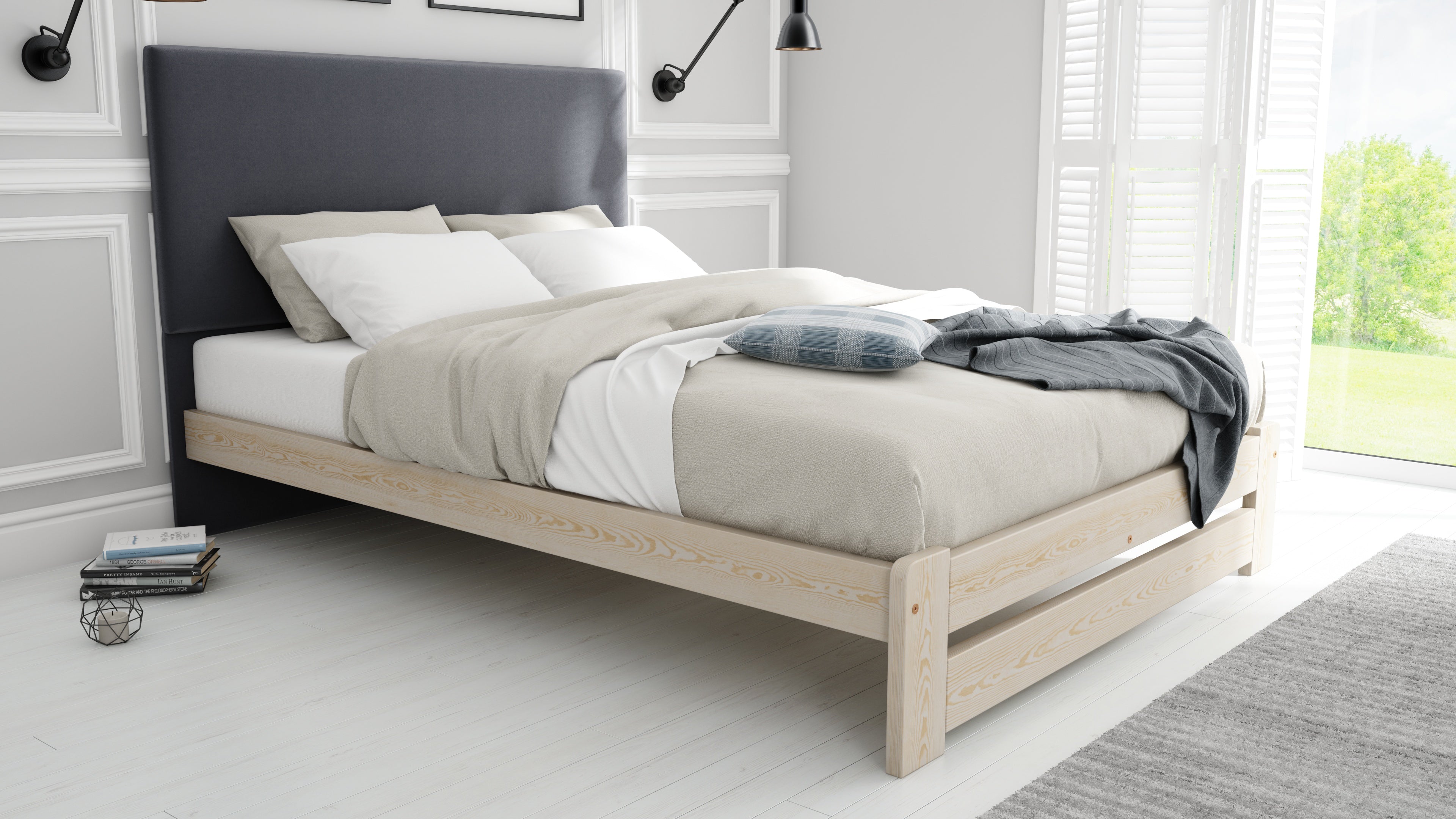 Nodax F13 Leo durable wooden bed frame with dark grey fabric headboard, pine finish, modern bedframe