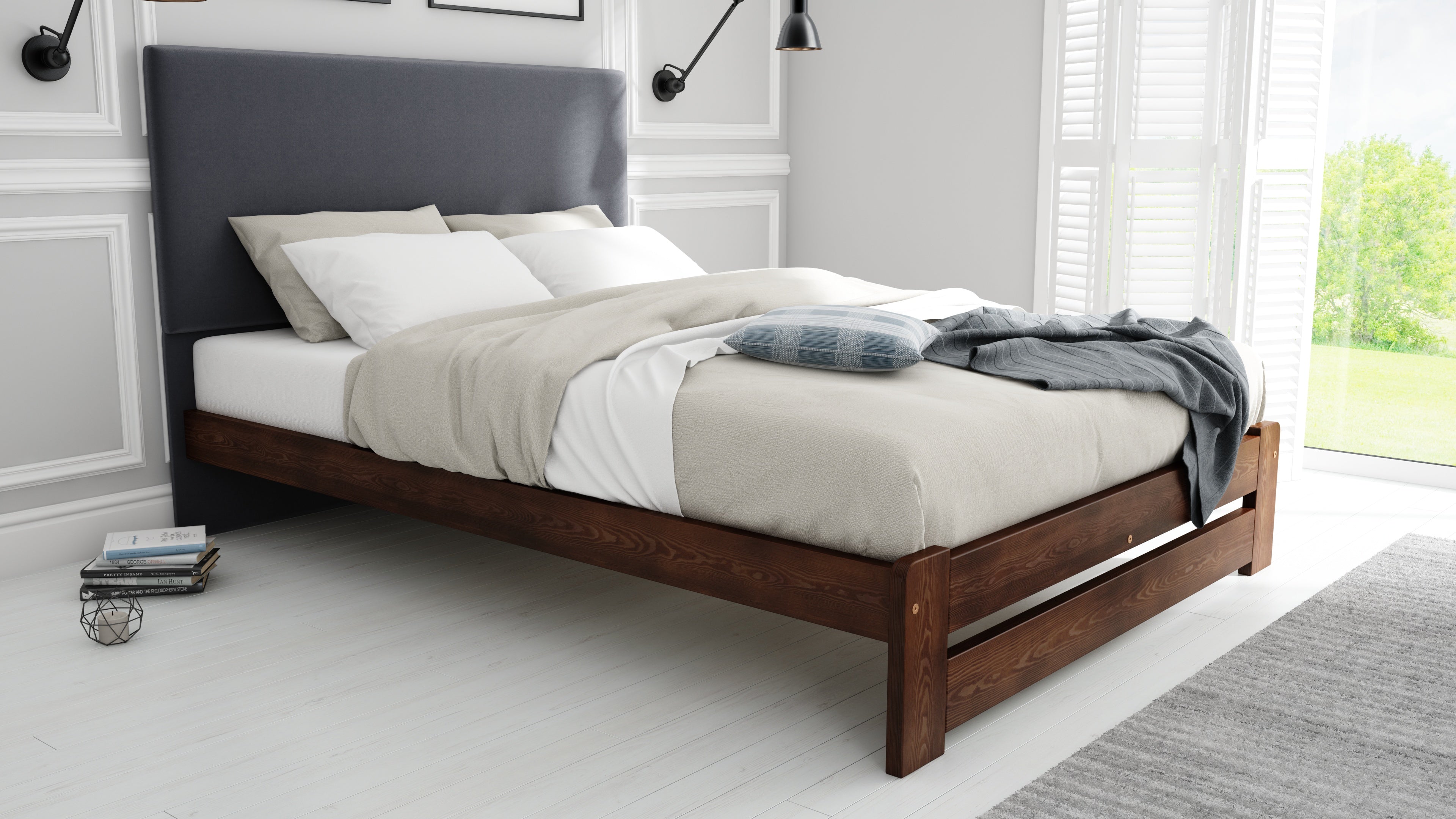 Nodax F13 Leo durable wooden bed frame with dark grey fabric headboard, walnut finish, modern bedframe