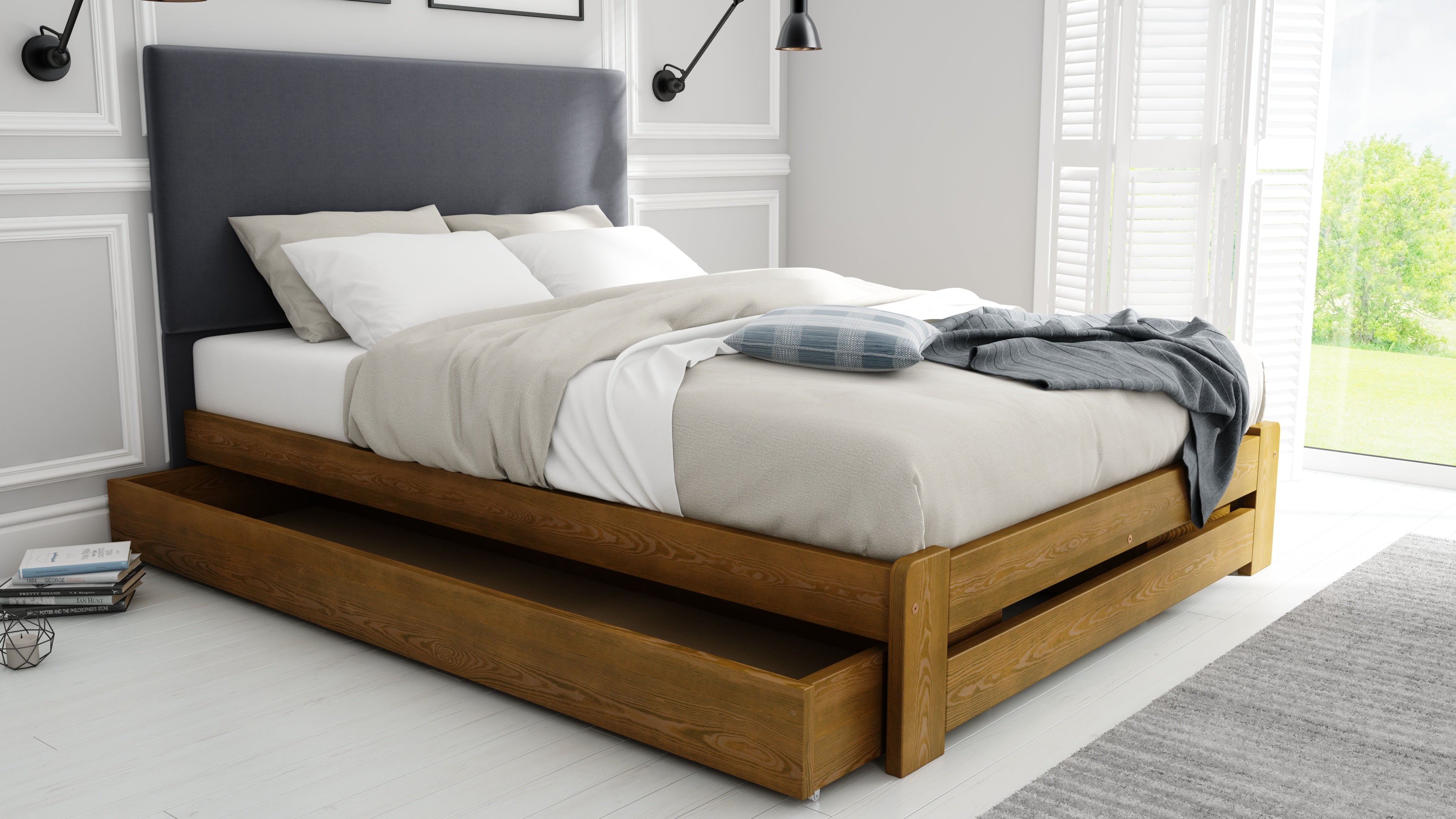 Nodax F13 Leo durable wooden bed frame with dark grey fabric headboard, oak finish, with wood underbed drawer