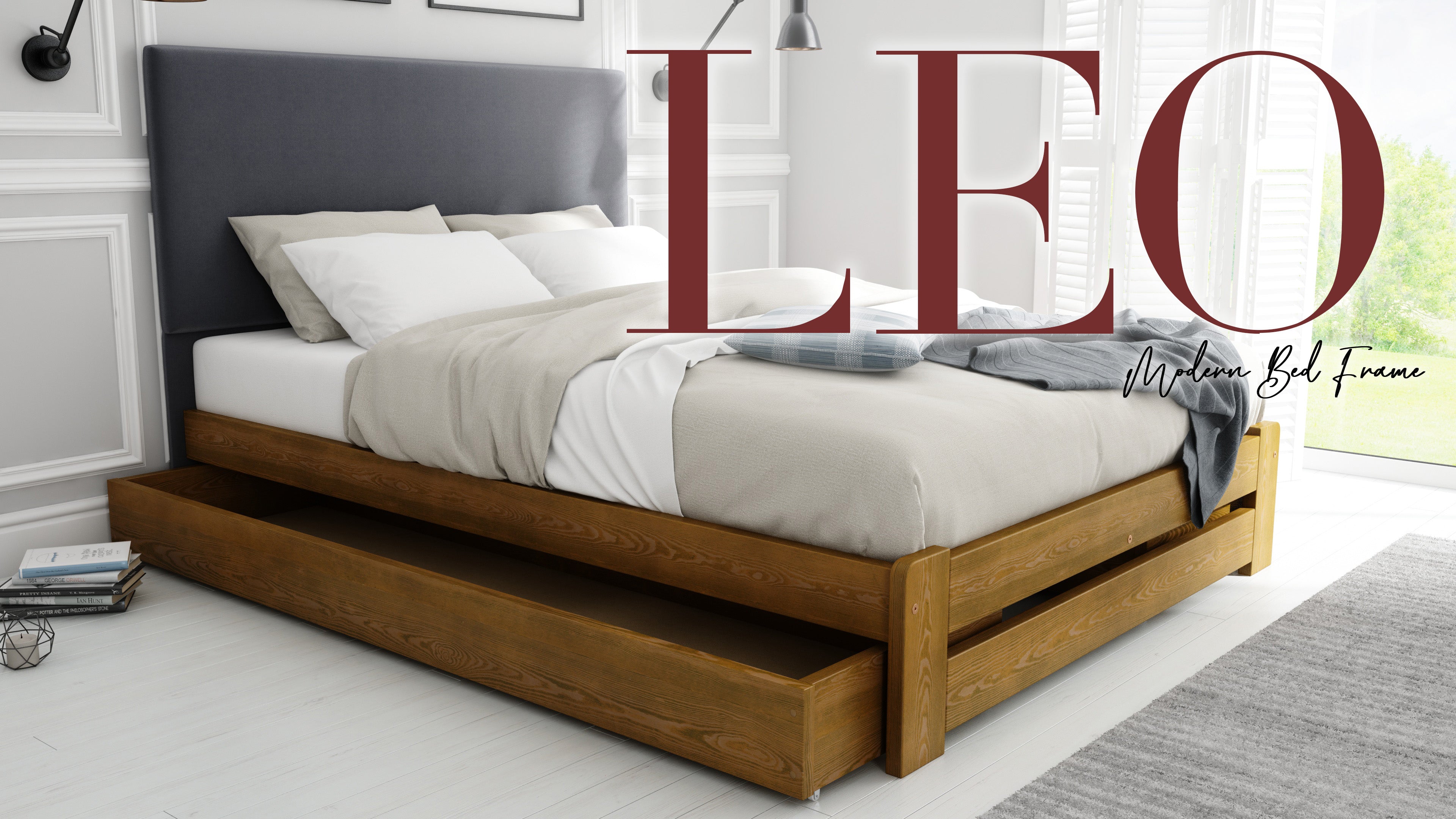 Nodax F13 Leo durable wooden bed frame with dark grey fabric headboard, oak finish, with wood underbed drawer, modern bed frame