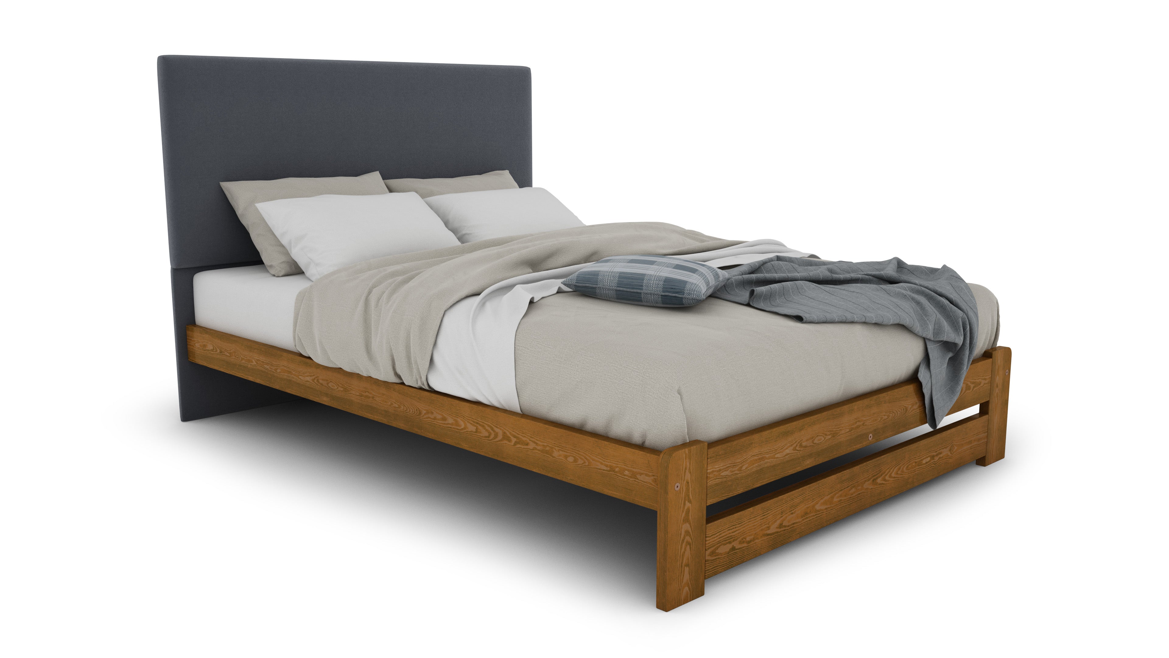 Nodax F13 Leo durable wooden bed frame with dark grey fabric headboard, oak finish, modern bedframe