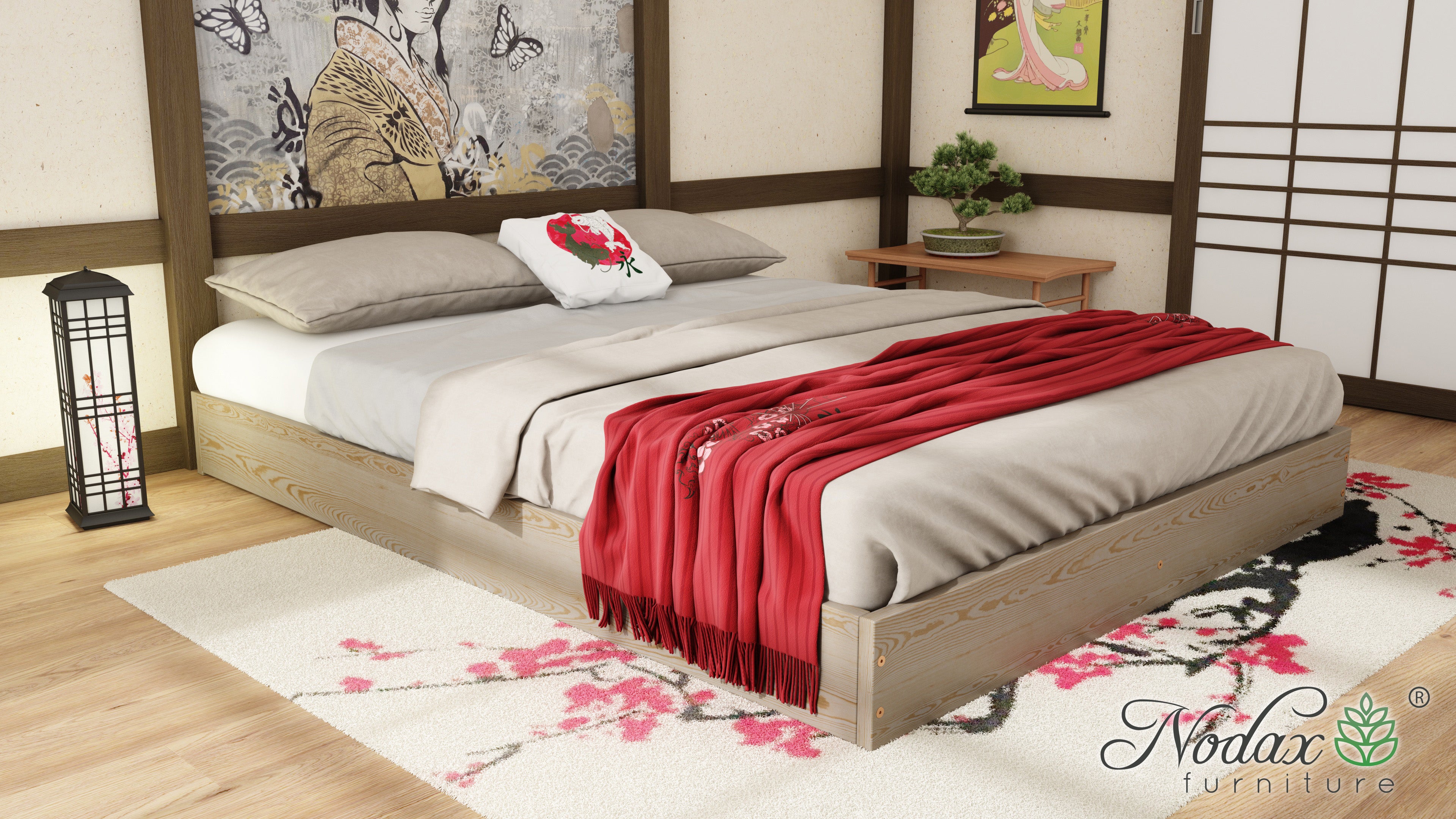 Nodax F9 zen wooden bedframe, low raised bed, japanese platform bed, pine finish